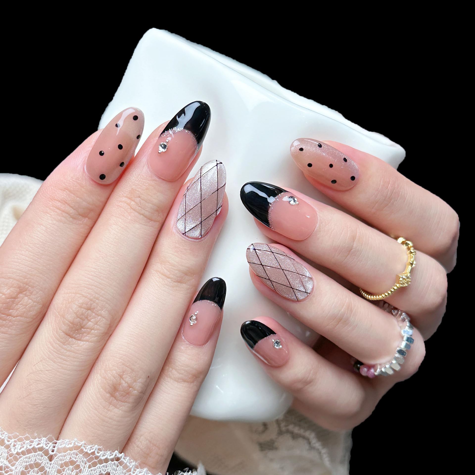 PHYLIN LEAF Handmade Press On Nails – Medium Almond Oval French Pink & Black Checkered