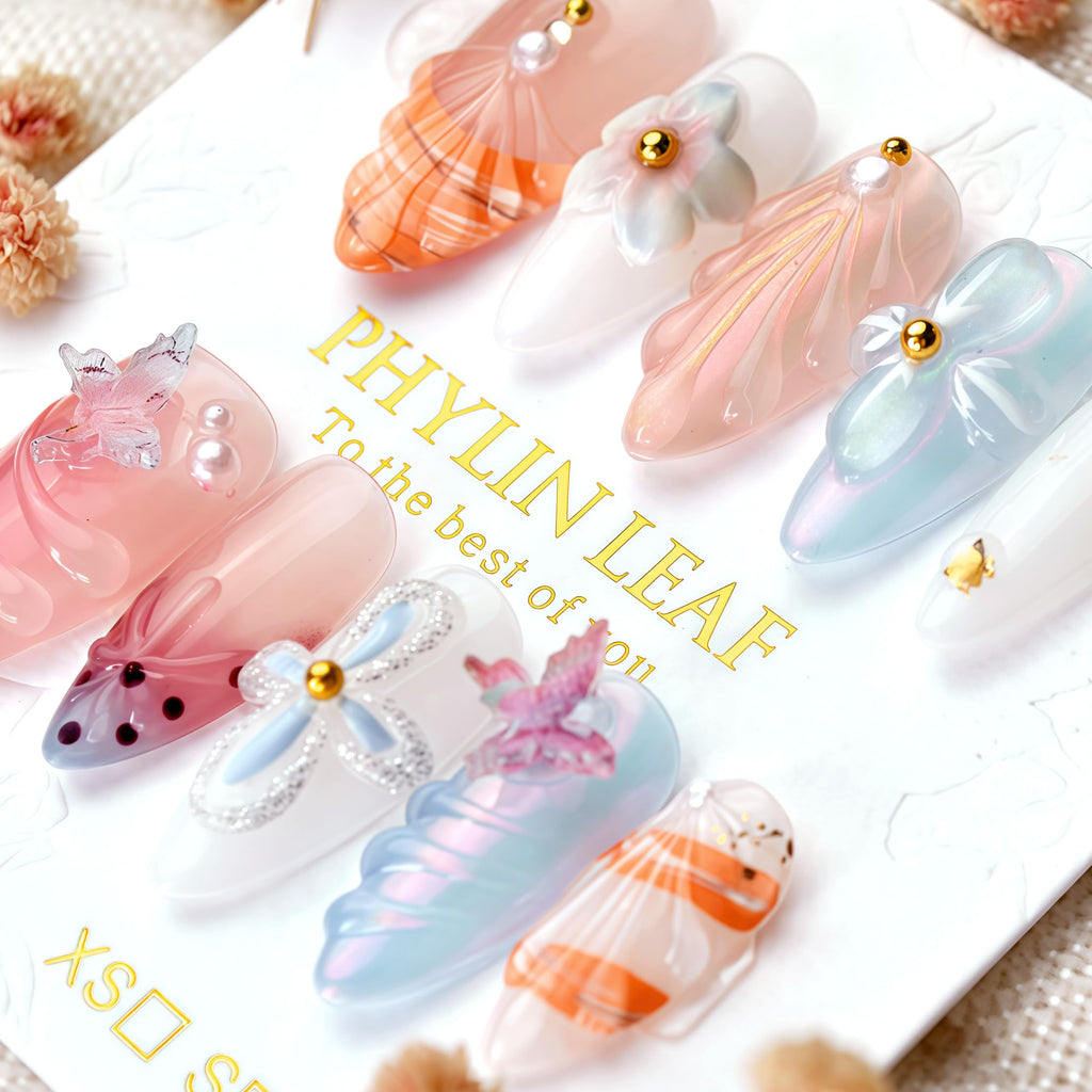 PHYLIN LEAF Handmade Press On Nails – Medium Almond 3D Sea Shell & Butterfly Design