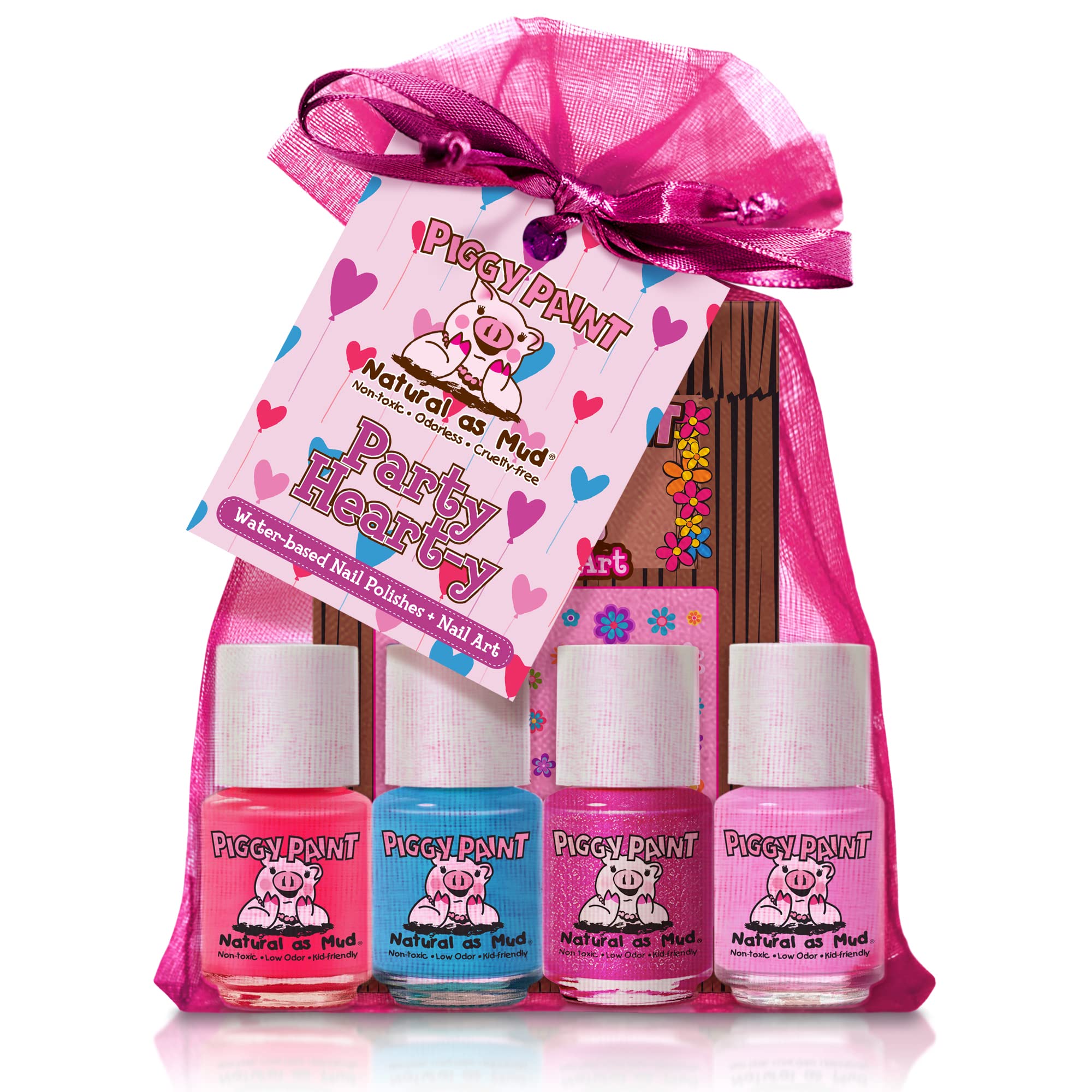 Piggy Paint Party Hearty Gift Set – 4 Non-Toxic, Water-Based Polishes + Nail Art