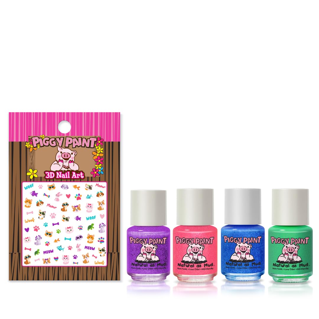 Piggy Paint | 100% Non-Toxic Kids Nail Polish | PURRfect Paws Gift Set (4 Polish + Nail Art)