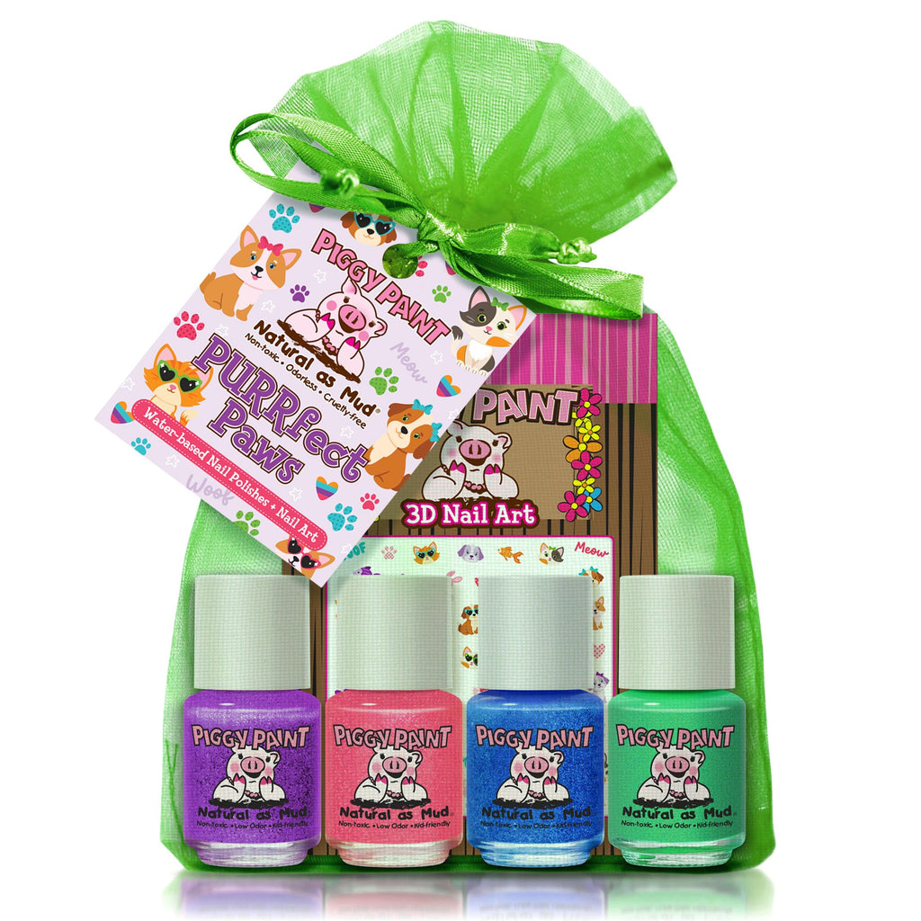 Piggy Paint | 100% Non-Toxic Kids Nail Polish | PURRfect Paws Gift Set (4 Polish + Nail Art)