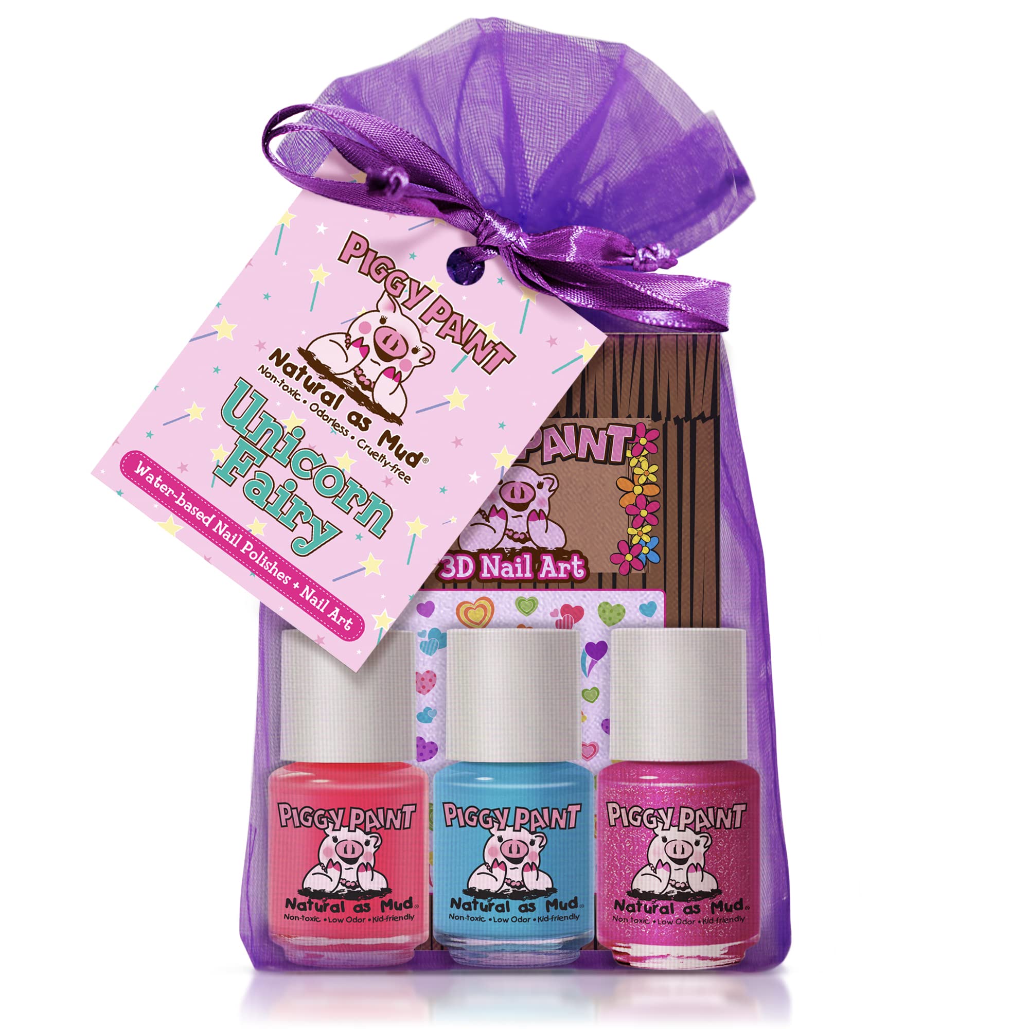 Piggy Paint Unicorn Fairy Gift Set - 100% Non-Toxic Kids Nail Polish (3 Polishes + Nail Art)