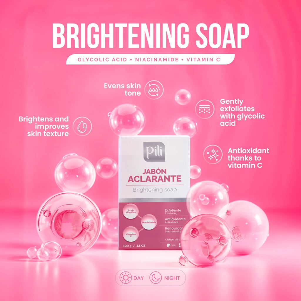 Pili Natural Brightening Soap Bar 2 Pack – Exfoliating Face & Body Soap with Glycolic Acid, Vitamin C & Niacinamide