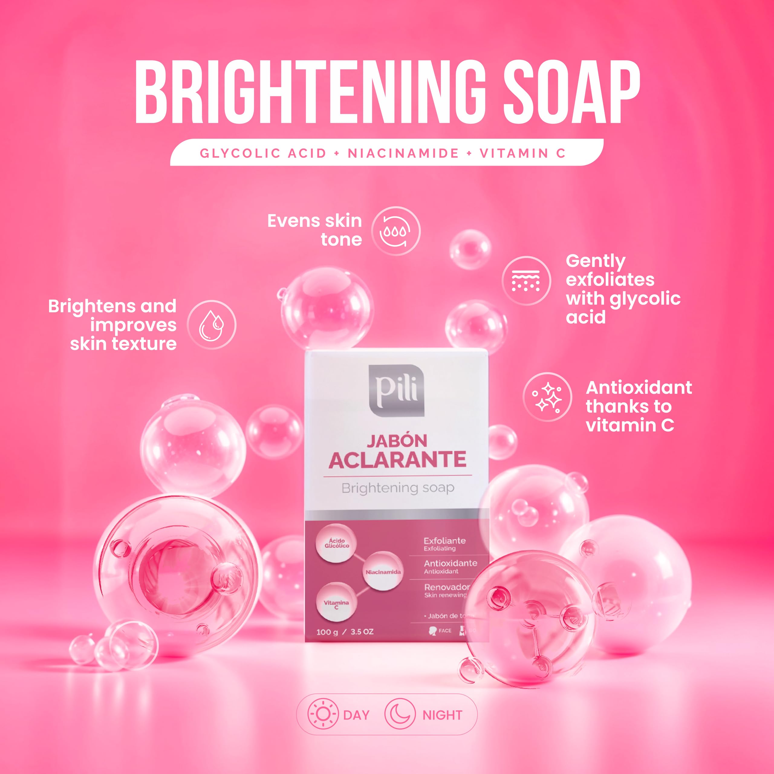 Pili Natural Brightening Soap Bar 2 Pack – Exfoliating Face & Body Soap with Glycolic Acid, Vitamin C & Niacinamide