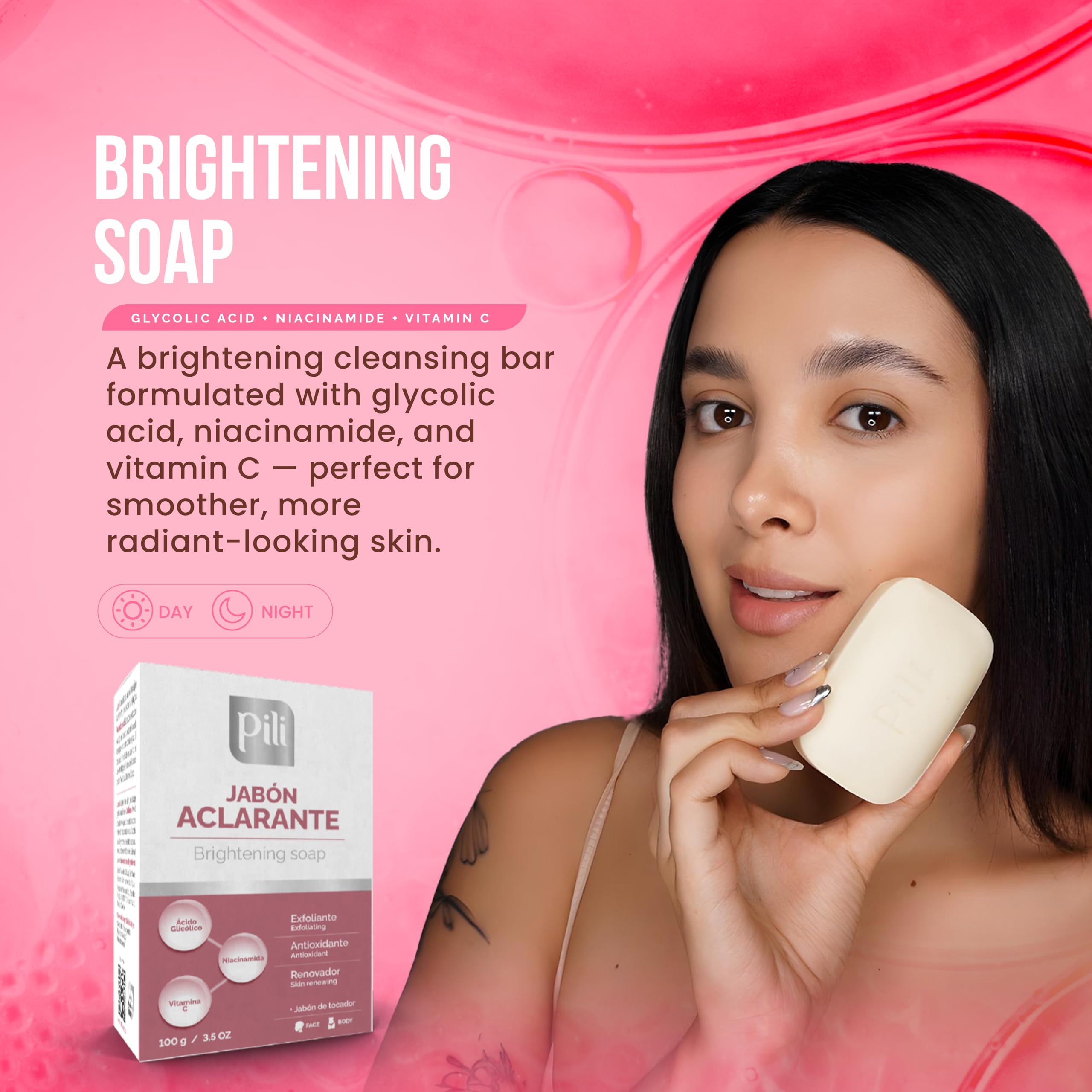 Pili Natural Brightening Soap Bar 2 Pack – Exfoliating Face & Body Soap with Glycolic Acid, Vitamin C & Niacinamide