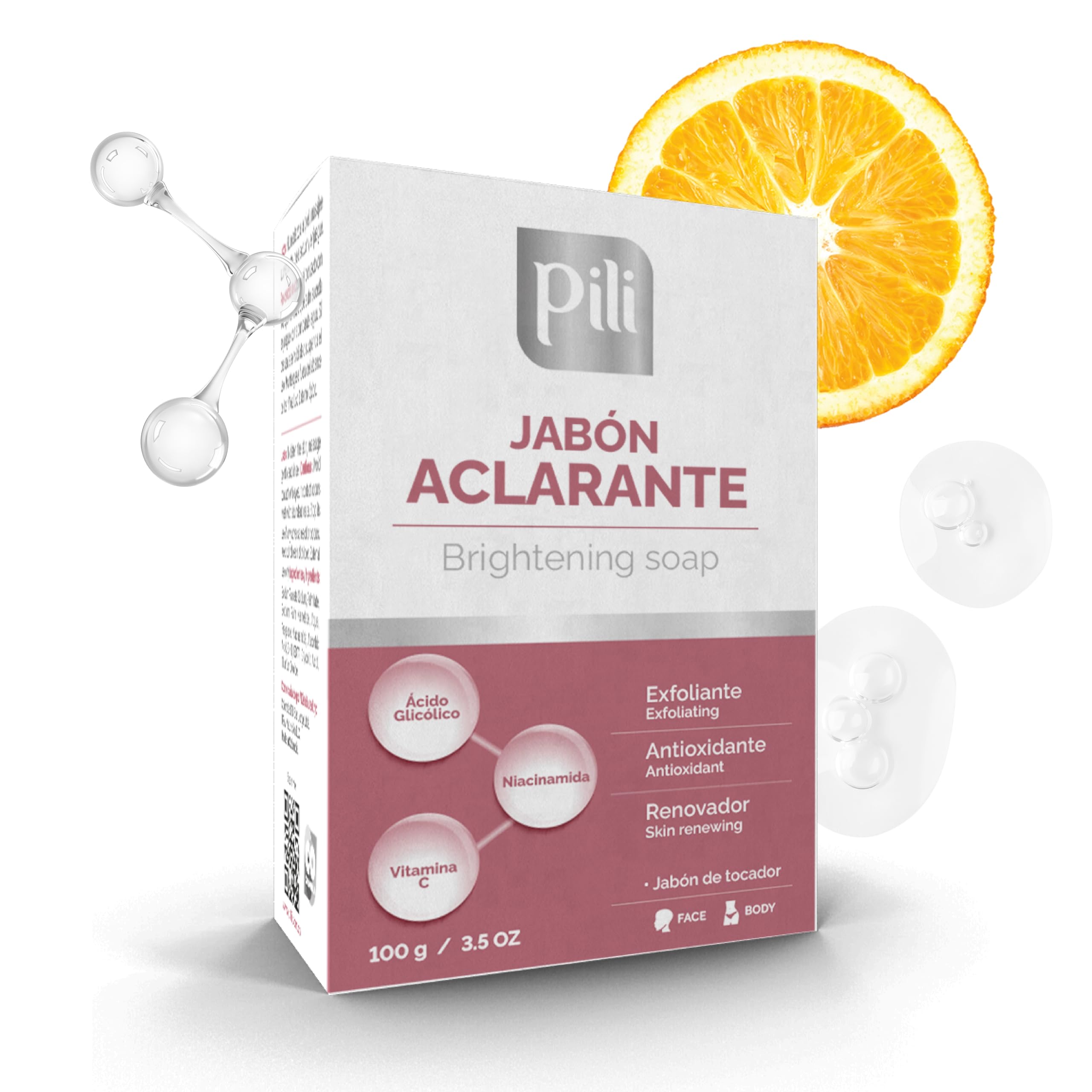 Pili Natural Brightening Soap Bar 2 Pack – Exfoliating Face & Body Soap with Glycolic Acid, Vitamin C & Niacinamide
