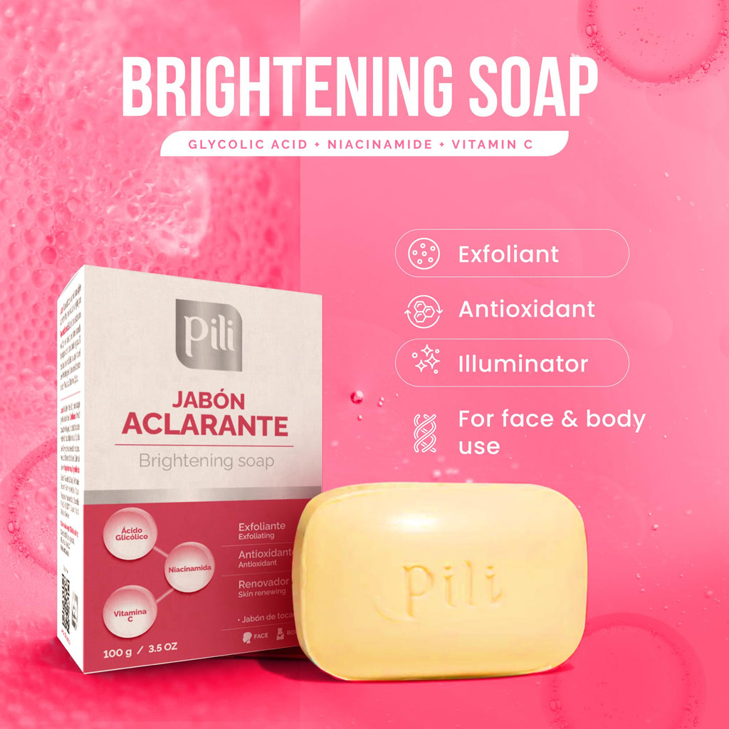 Pili Natural Brightening Soap Bar 2 Pack – Exfoliating Face & Body Soap with Glycolic Acid, Vitamin C & Niacinamide