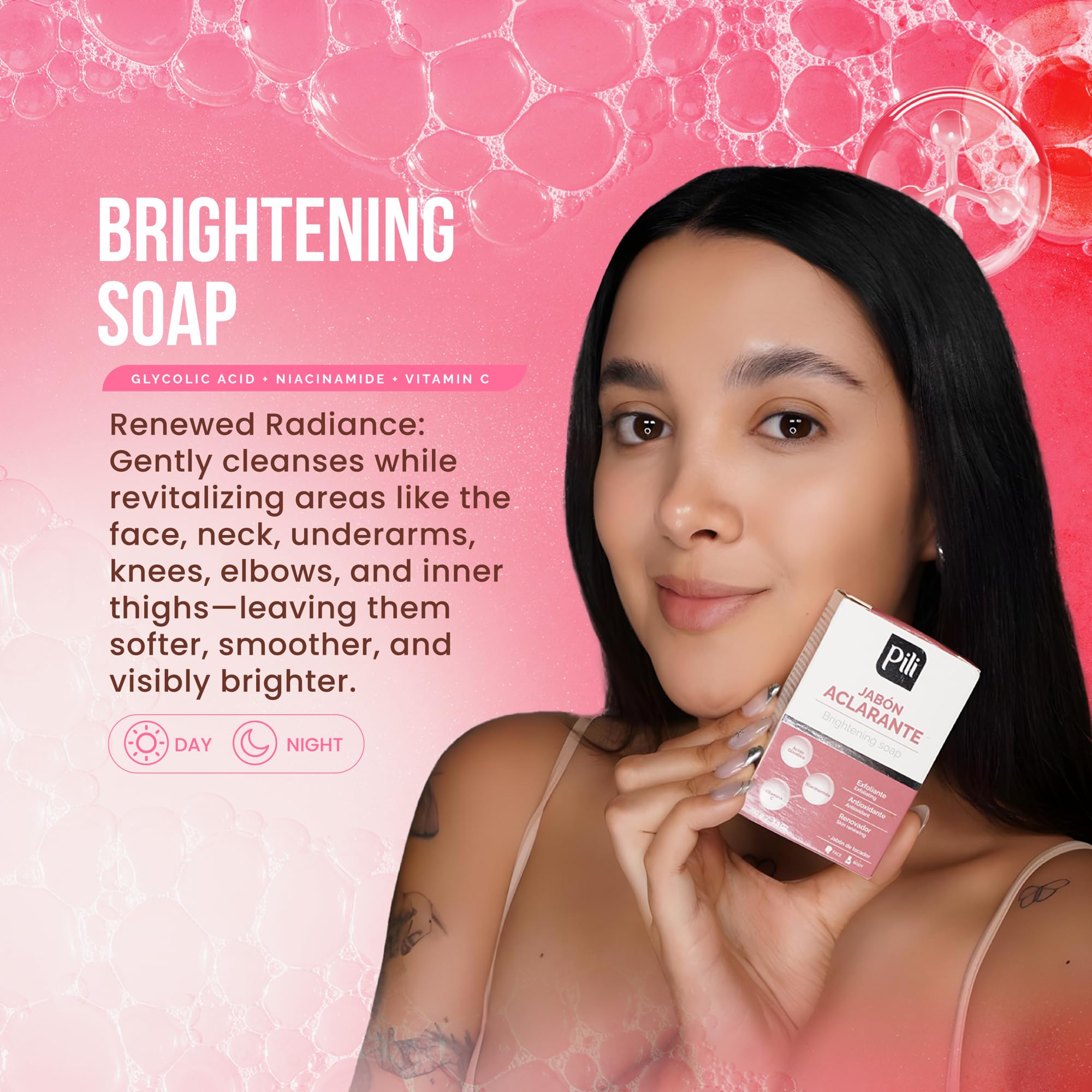 Pili Natural Brightening Soap Bar 2 Pack – Exfoliating Face & Body Soap with Glycolic Acid, Vitamin C & Niacinamide