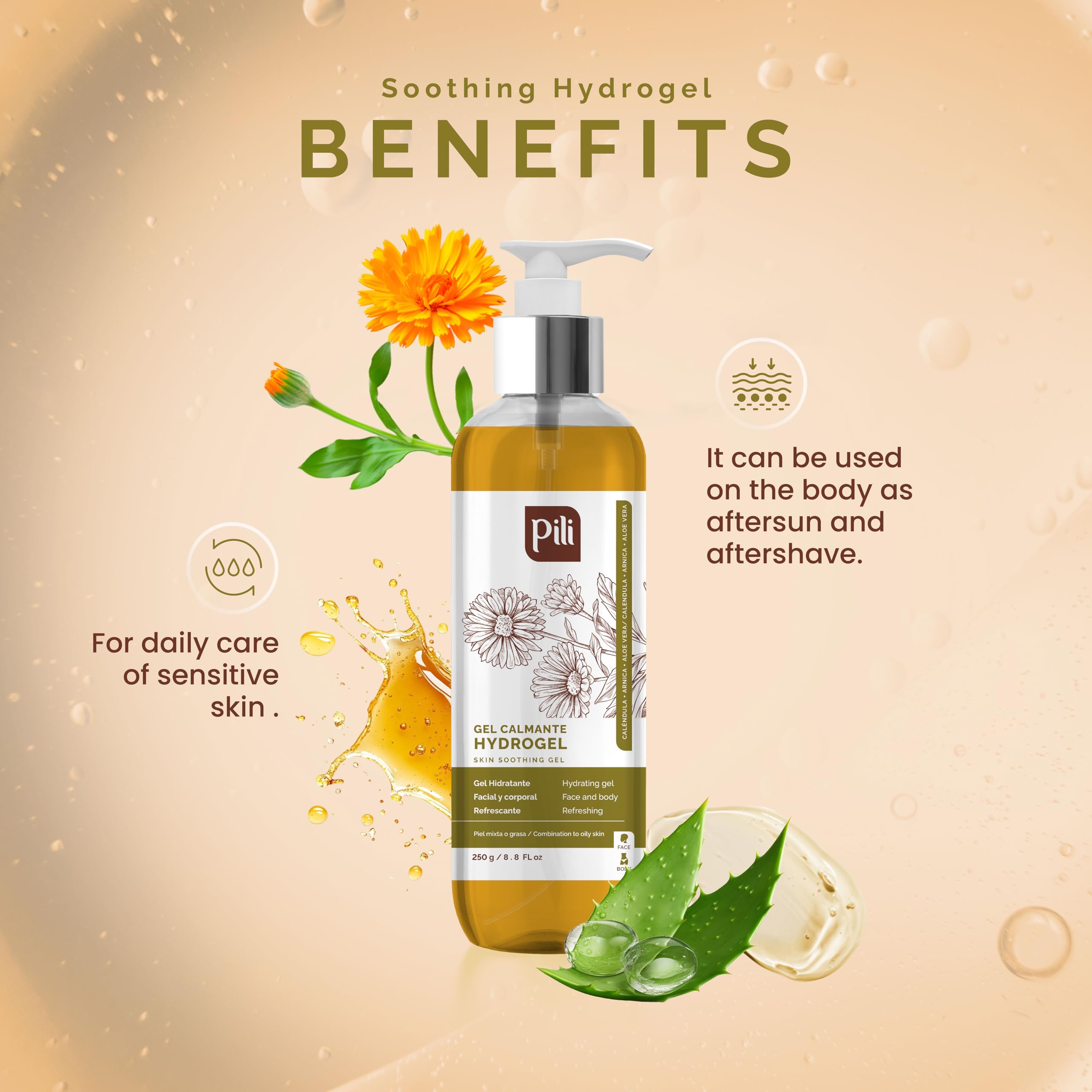 Pili Natural Hydrogel – Soothing Skin Gel with Arnica, Calendula, Centella Asiatica & Aloe Vera | Paraben & Alcohol Free | 8.8 oz