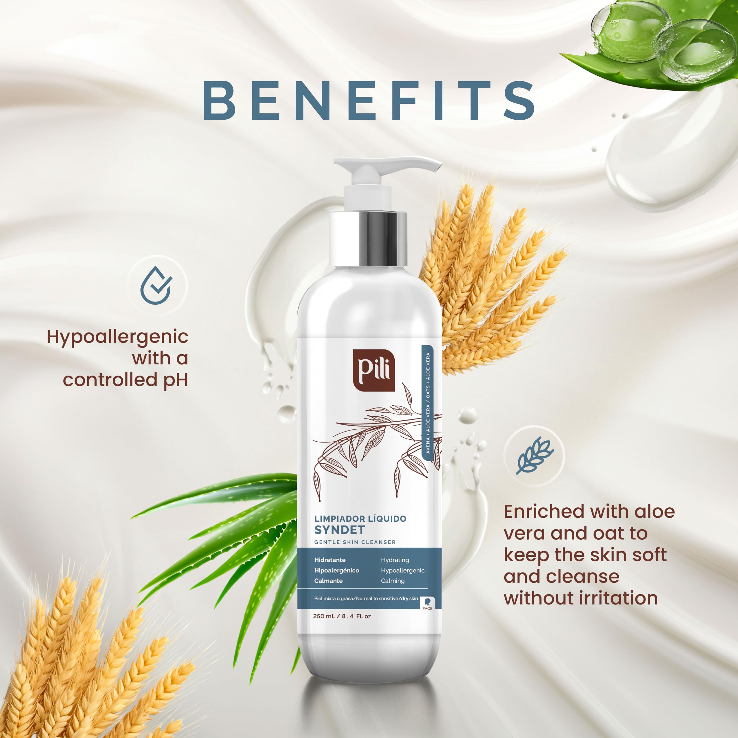 Pili Natural Syndet - Gentle Skin Cleanser with Oatmeal & Aloe Vera | Hypoallergenic for Sensitive Skin | 8.4 fl oz x2