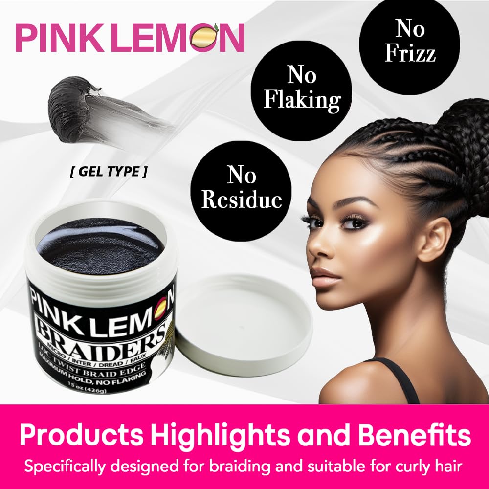 PINK LEMON Braiding Gel – Maximum Hold, No Flaking, High Shine (10 oz)