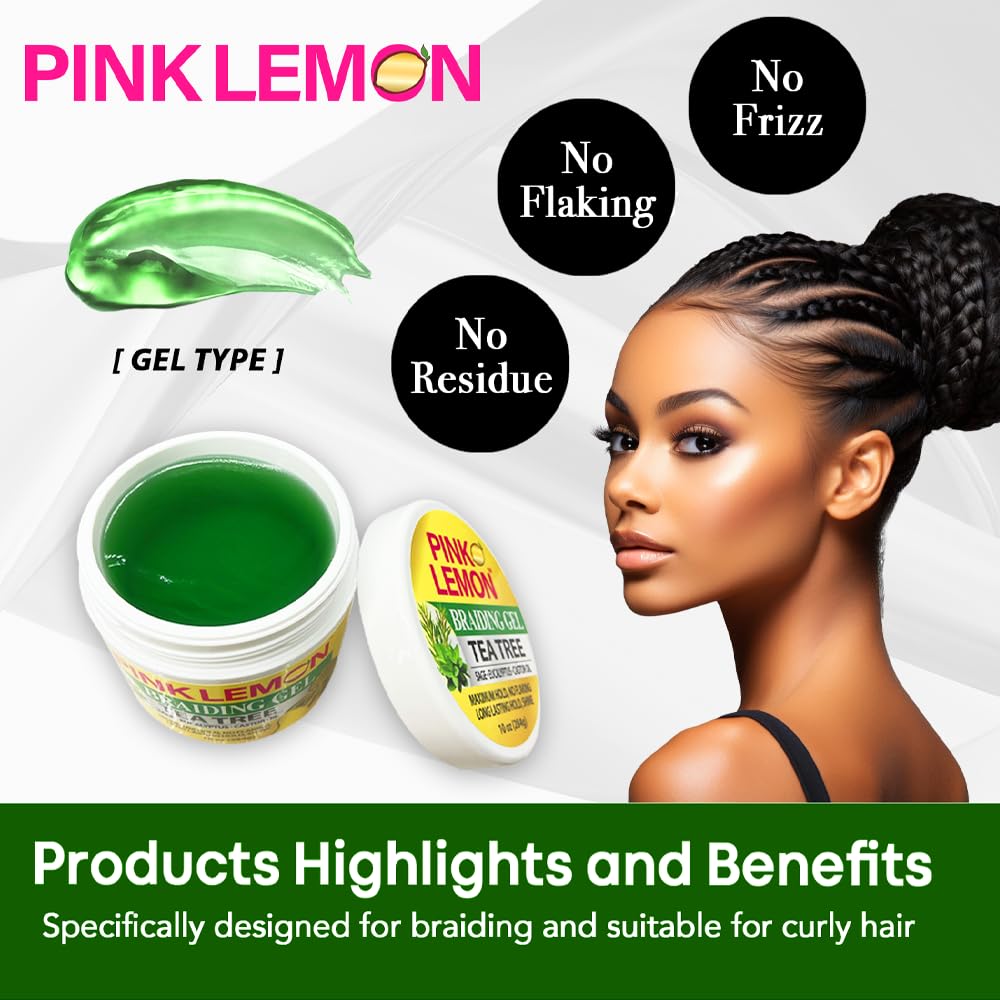 PINK LEMON Braiding Gel Tea Tree – Maximum Hold, No Flaking, High Shine, Fast Drying – 15 oz