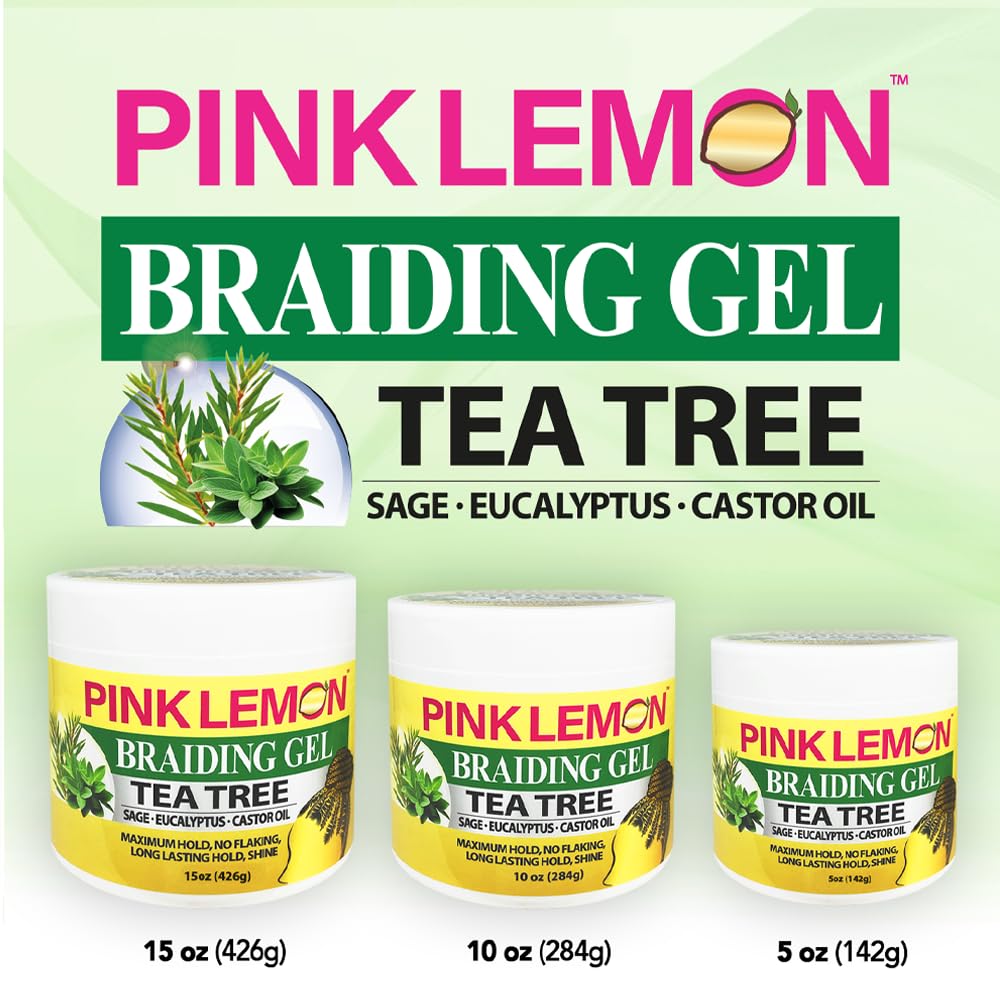 PINK LEMON Braiding Gel Tea Tree – Maximum Hold, No Flaking, High Shine, Fast Drying – 15 oz