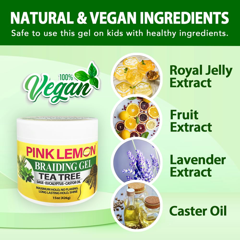 PINK LEMON Braiding Gel Tea Tree – Maximum Hold, No Flaking, High Shine, Fast Drying – 15 oz