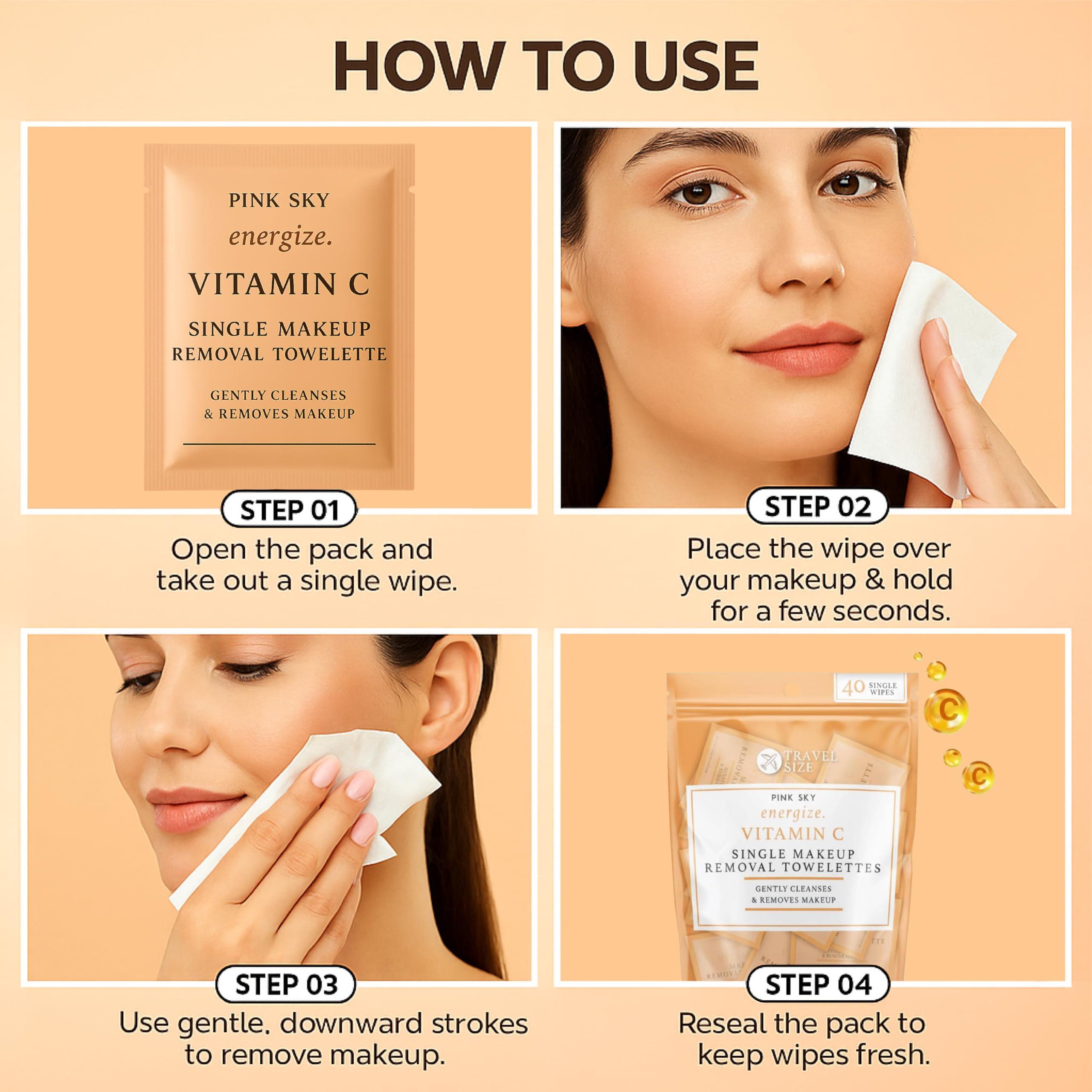 Pink Sky Vitamin C Makeup Remover Wipes - 40 Individually Wrapped Towelettes