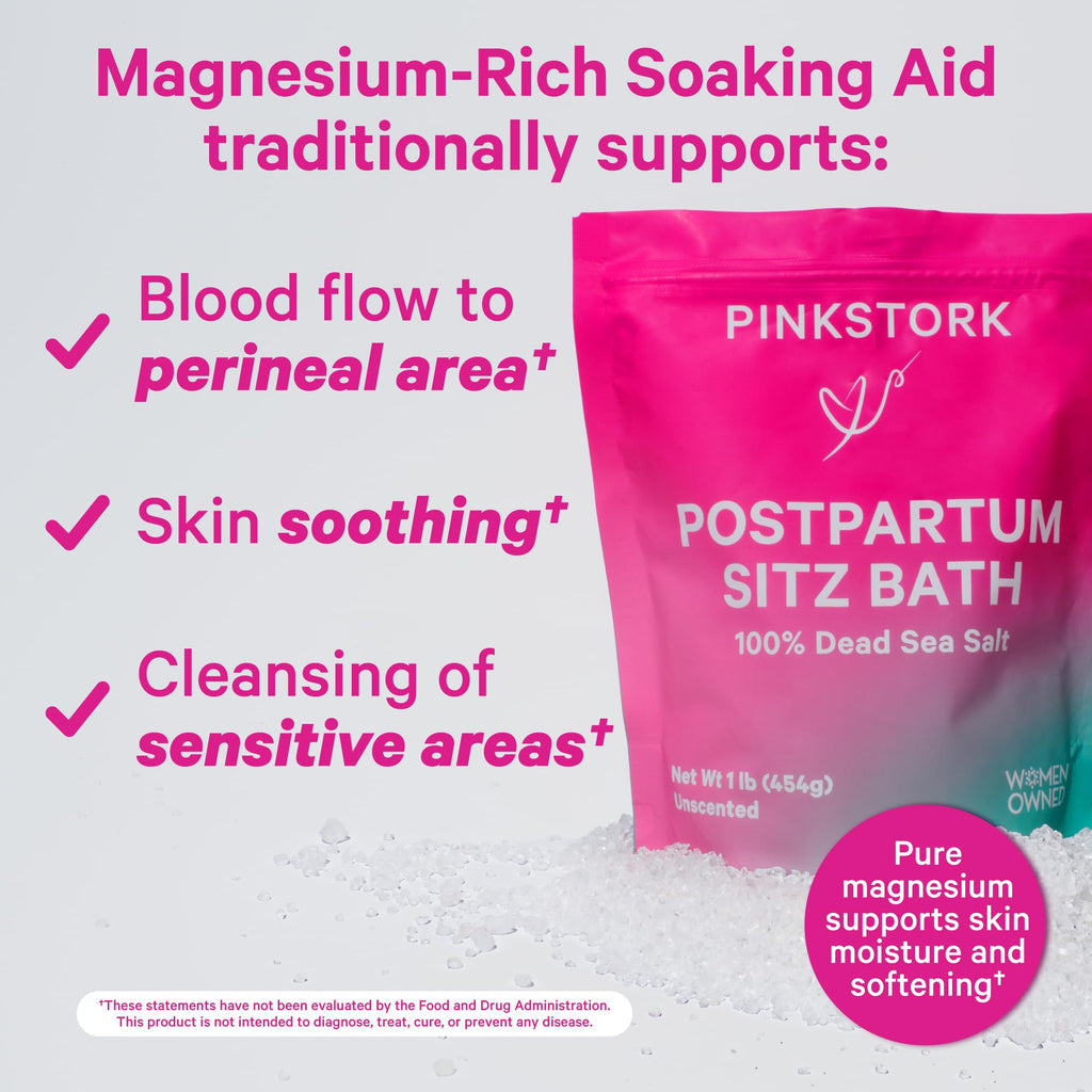 Pink Stork Postpartum Sitz Bath Soak – Unscented Dead Sea Magnesium for Perineal Care (16 oz)