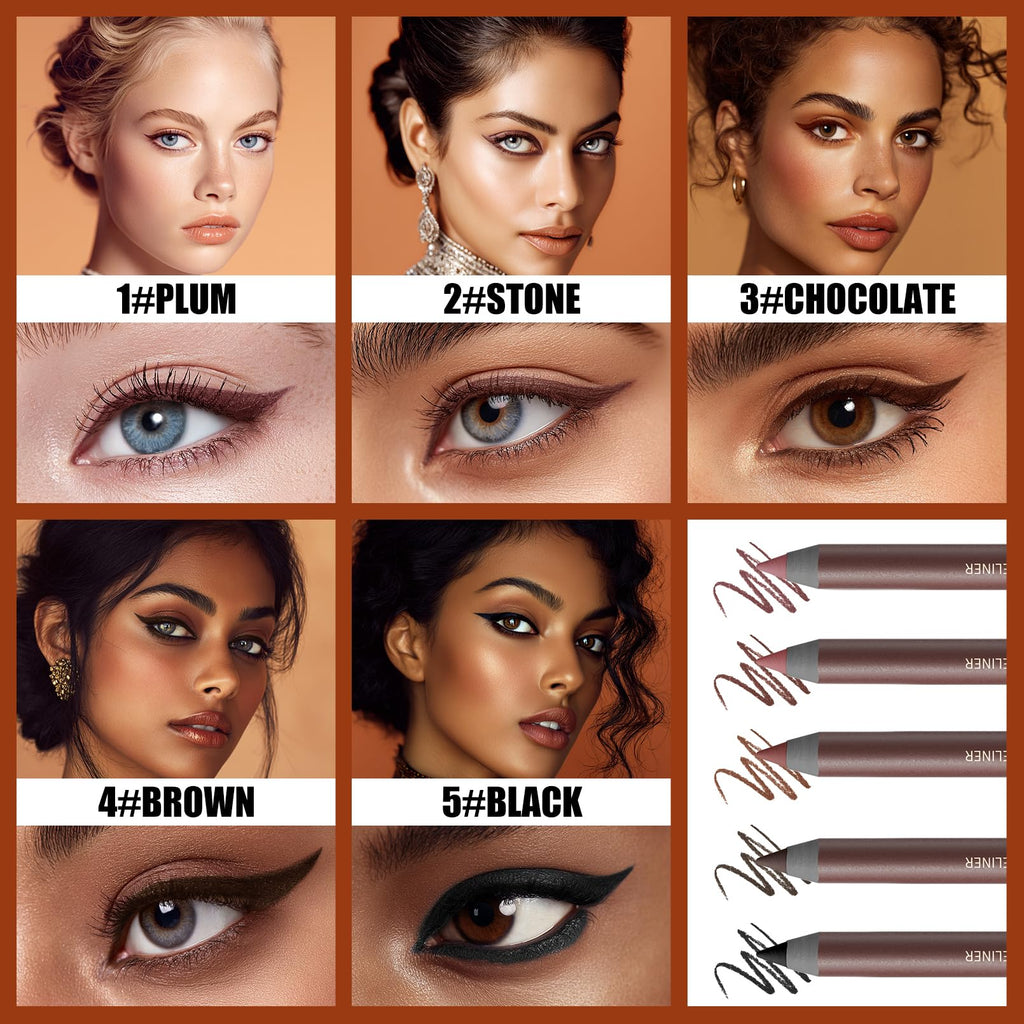 Pinkiou 5 Colors Eyeliner Pencil Set — 24H Waterproof & Smudge-Proof for Brows and Eyes