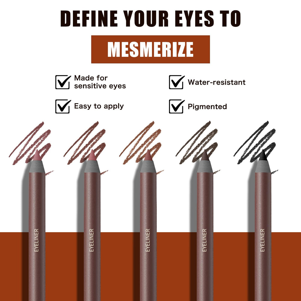 Pinkiou 5 Colors Eyeliner Pencil Set — 24H Waterproof & Smudge-Proof for Brows and Eyes
