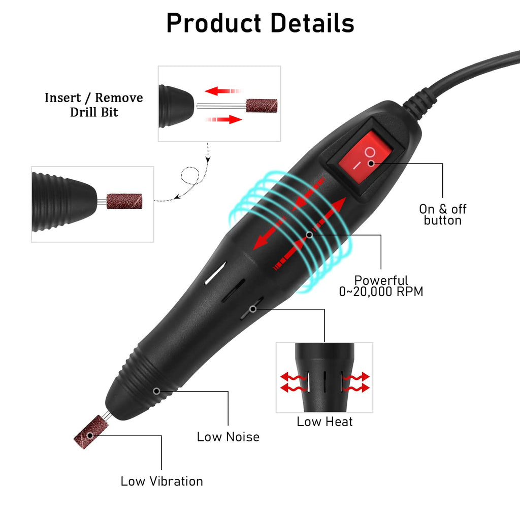 Pinkiou Professional Electric Nail Drill Kit – 7 Drill Bits + 6 Gel Removers