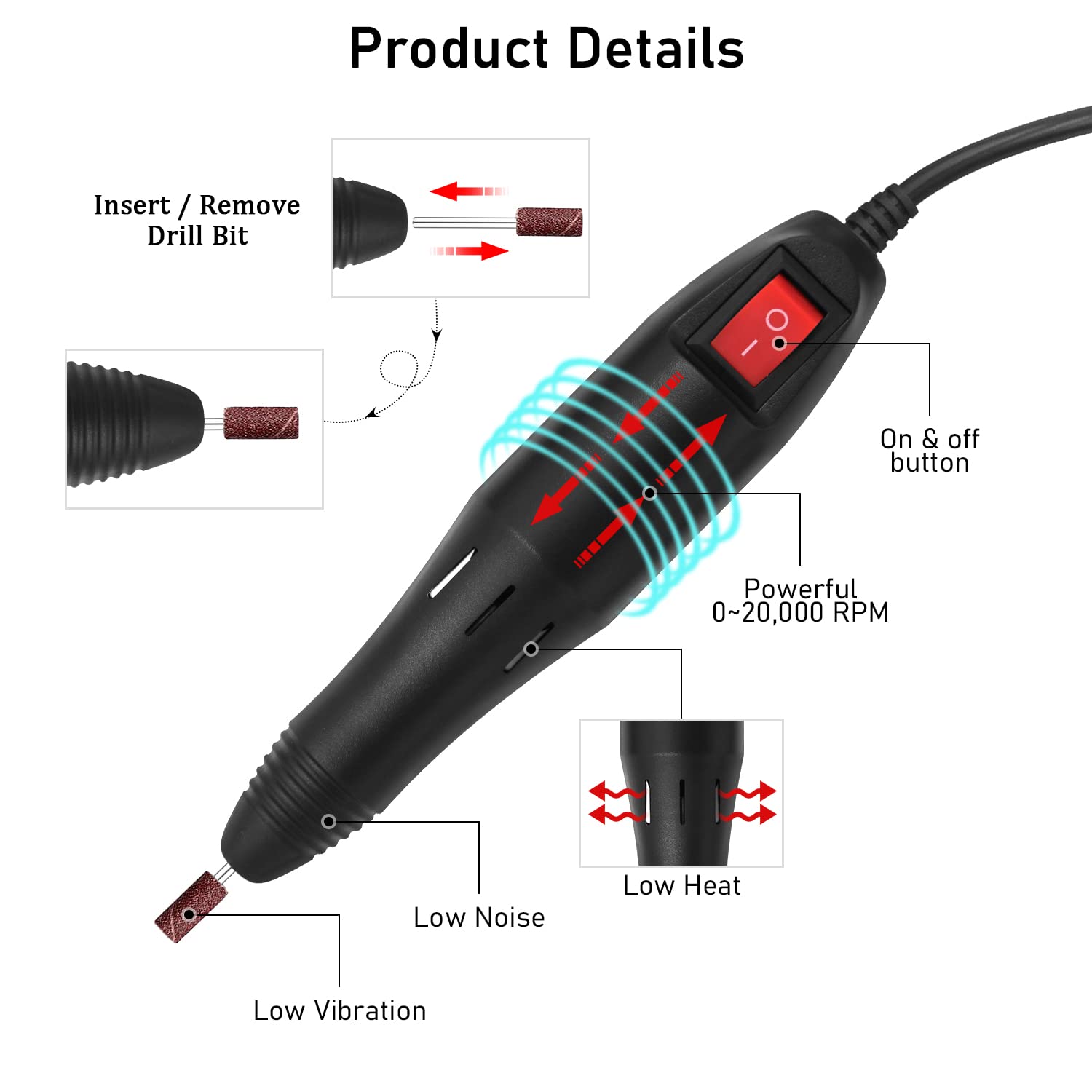 Pinkiou Professional Electric Nail Drill Kit – 7 Drill Bits + 6 Gel Removers
