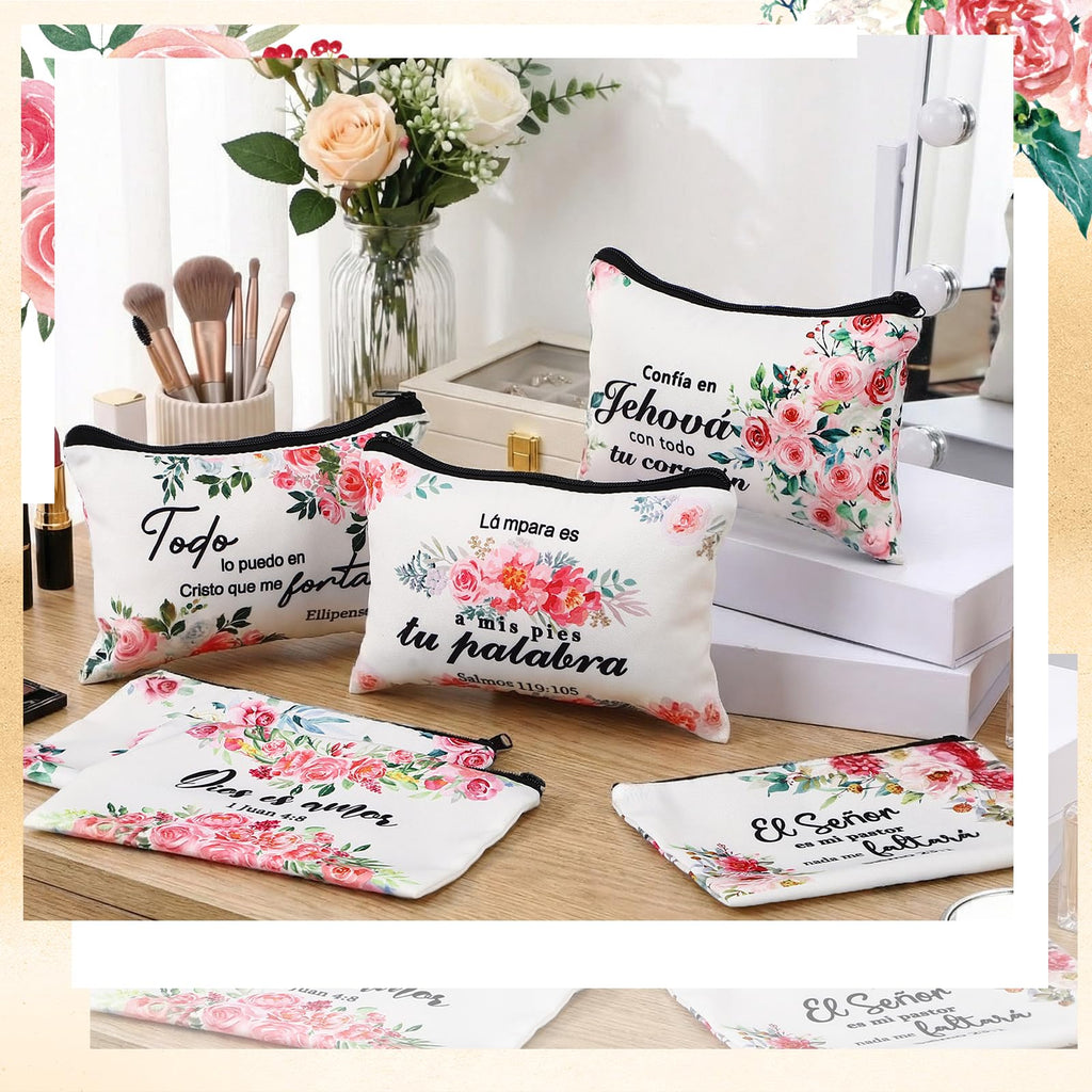 Pinkunn 16-Piece Spanish Floral Canvas Makeup Bags with Zipper – Inspirational Gift Set