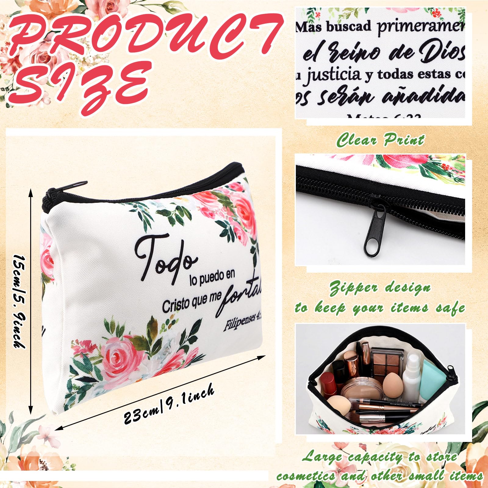 Pinkunn 16-Piece Spanish Floral Canvas Makeup Bags with Zipper – Inspirational Gift Set