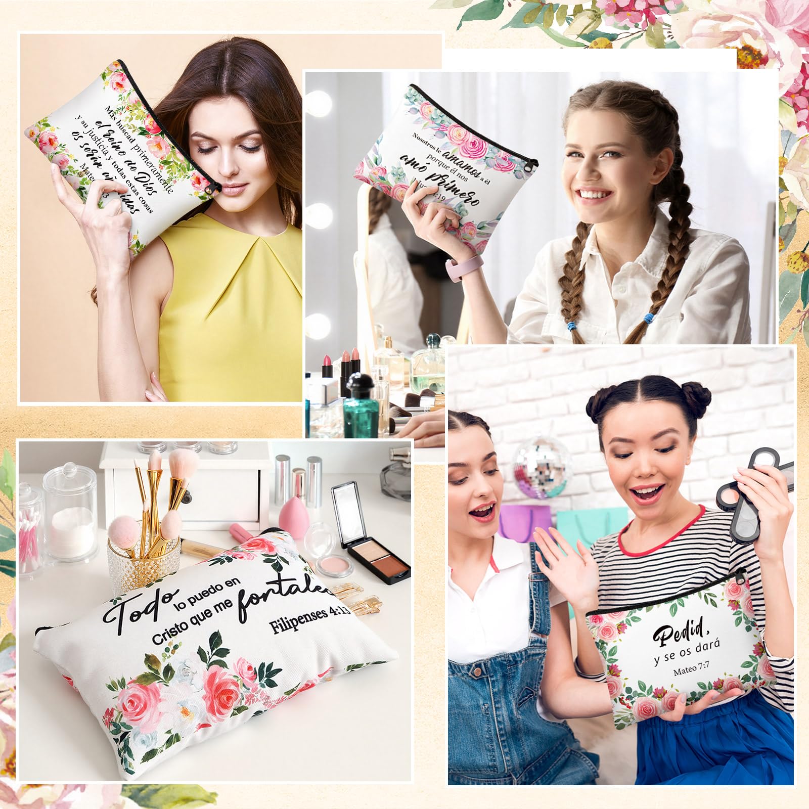 Pinkunn 16-Piece Spanish Floral Canvas Makeup Bags with Zipper – Inspirational Gift Set