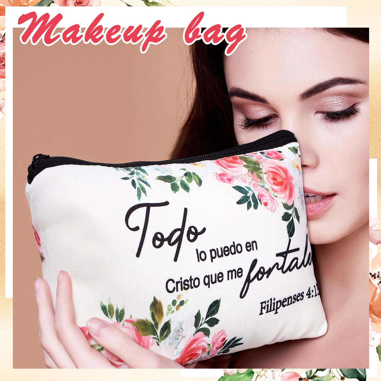 Pinkunn 16-Piece Spanish Floral Canvas Makeup Bags with Zipper – Inspirational Gift Set