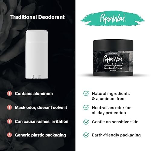 PiperWai Natural Deodorant Cream with Activated Charcoal – 24-Hour Odor Protection, Aluminum-Free, Vegan | 2 oz Jar