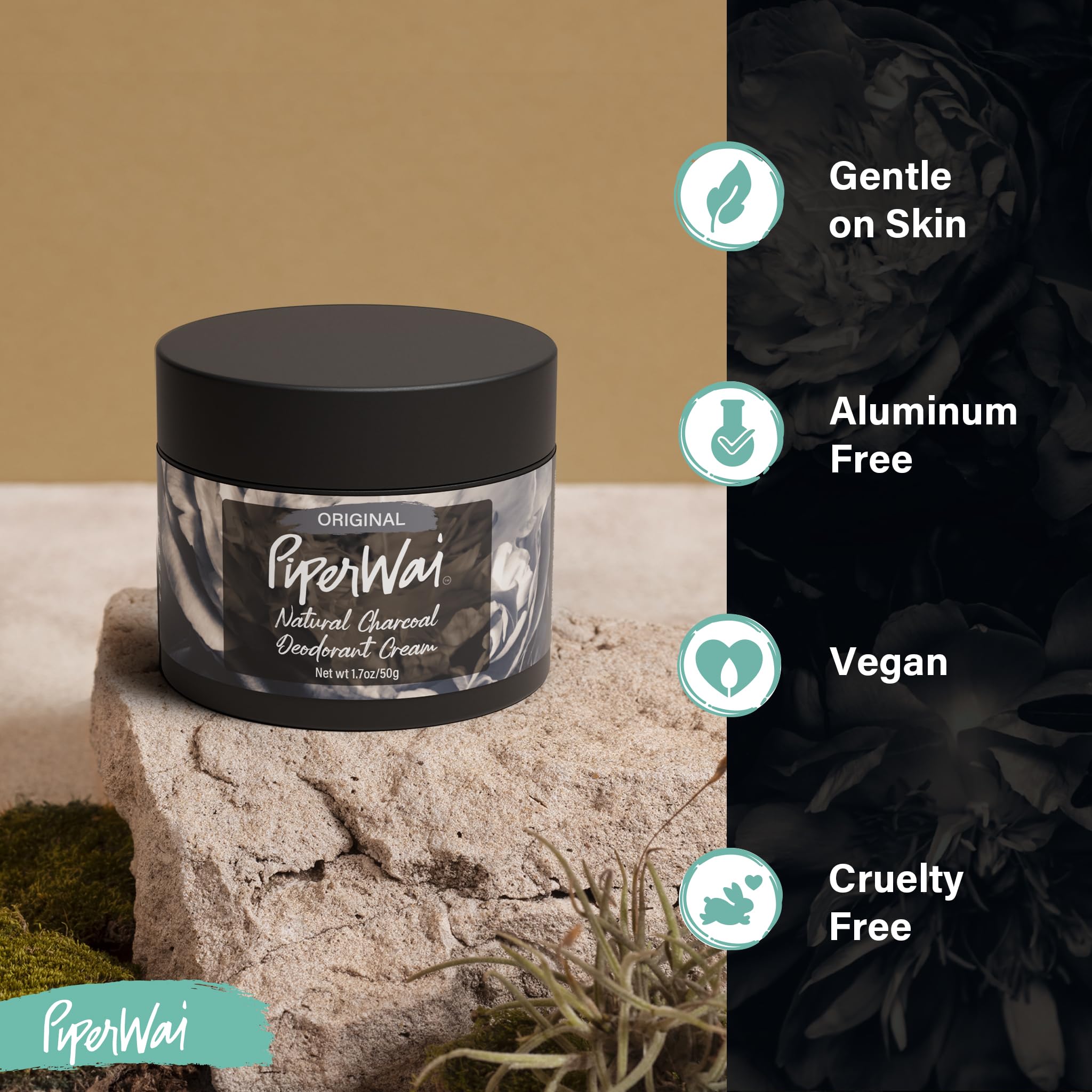PiperWai Natural Deodorant Cream with Activated Charcoal – 24-Hour Odor Protection, Aluminum-Free, Vegan | 2 oz Jar