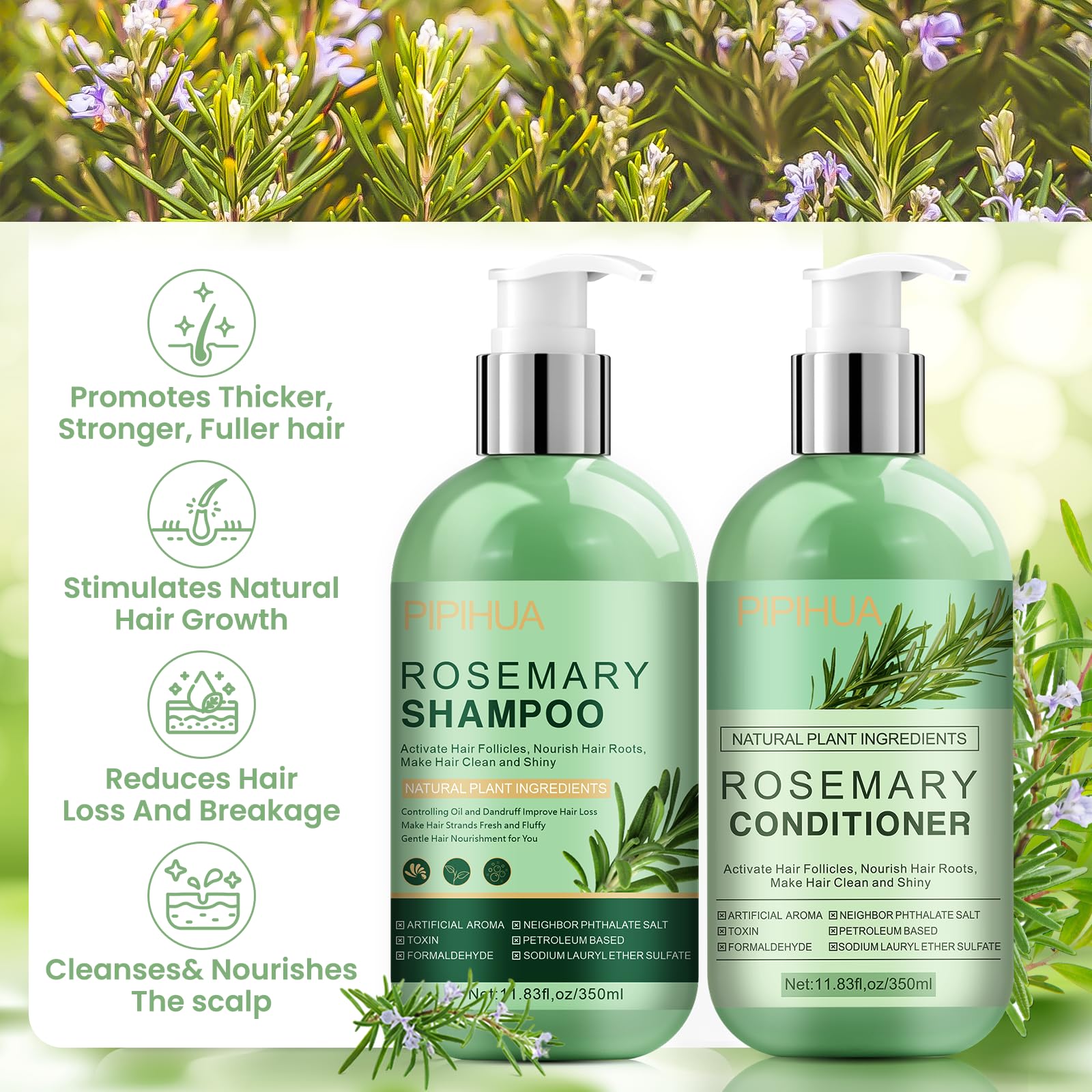 PIPIHUA Rosemary Hair Growth Shampoo & Conditioner Set | Tea Tree, Mint & Biotin