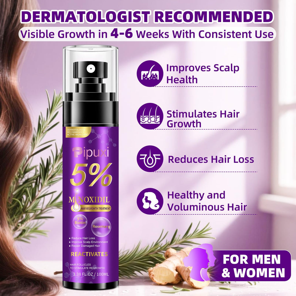 Pipuxi 5% Minoxidil Hair Growth Spray for Men & Women – Biotin + Rosemary