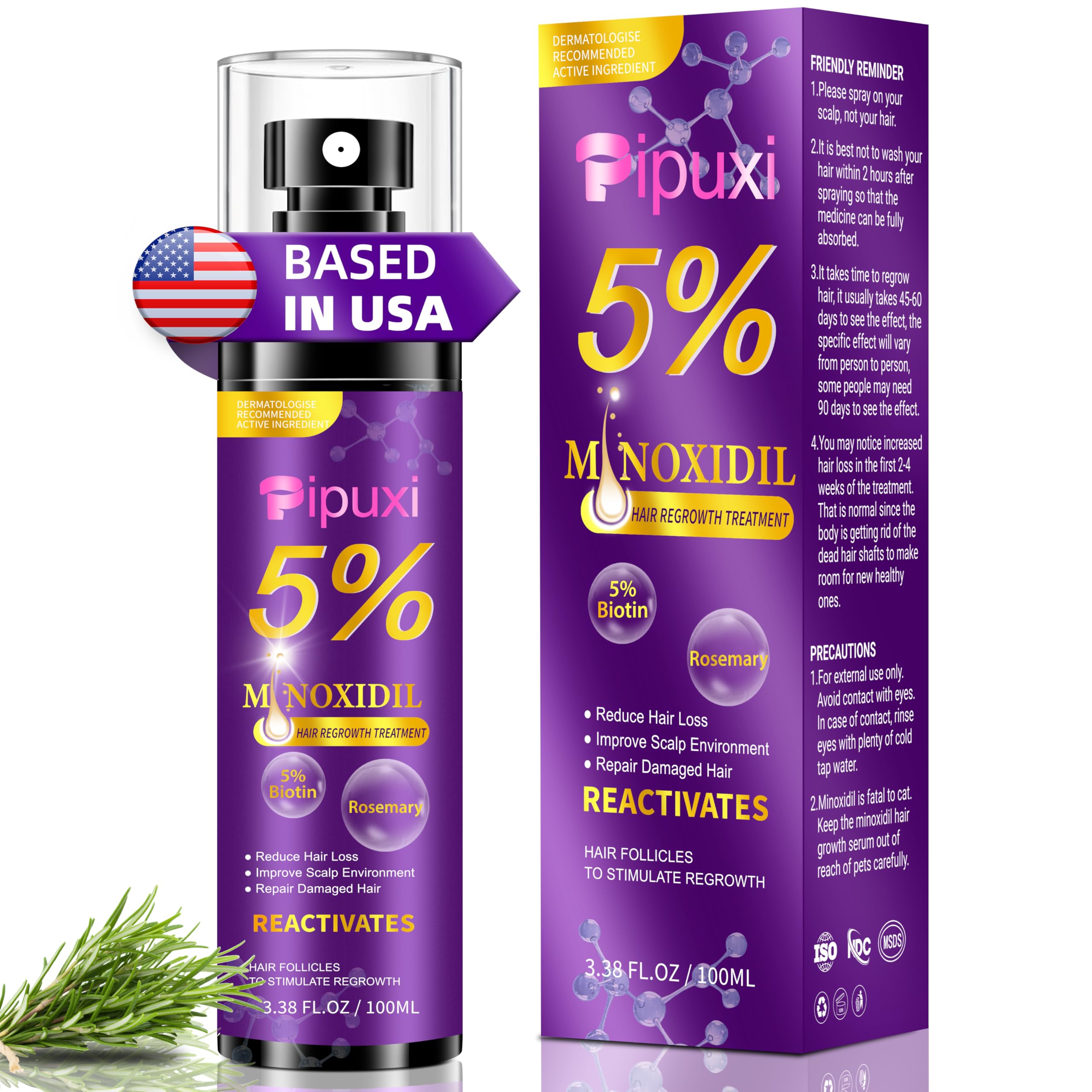 Pipuxi 5% Minoxidil Hair Growth Spray for Men & Women – Biotin + Rosemary