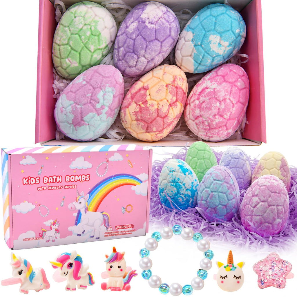 Piroo Unicorn Bath Bombs for Kids – Surprise Jewelry Inside (6-Pack) | Bath Toys for Girls 4-8