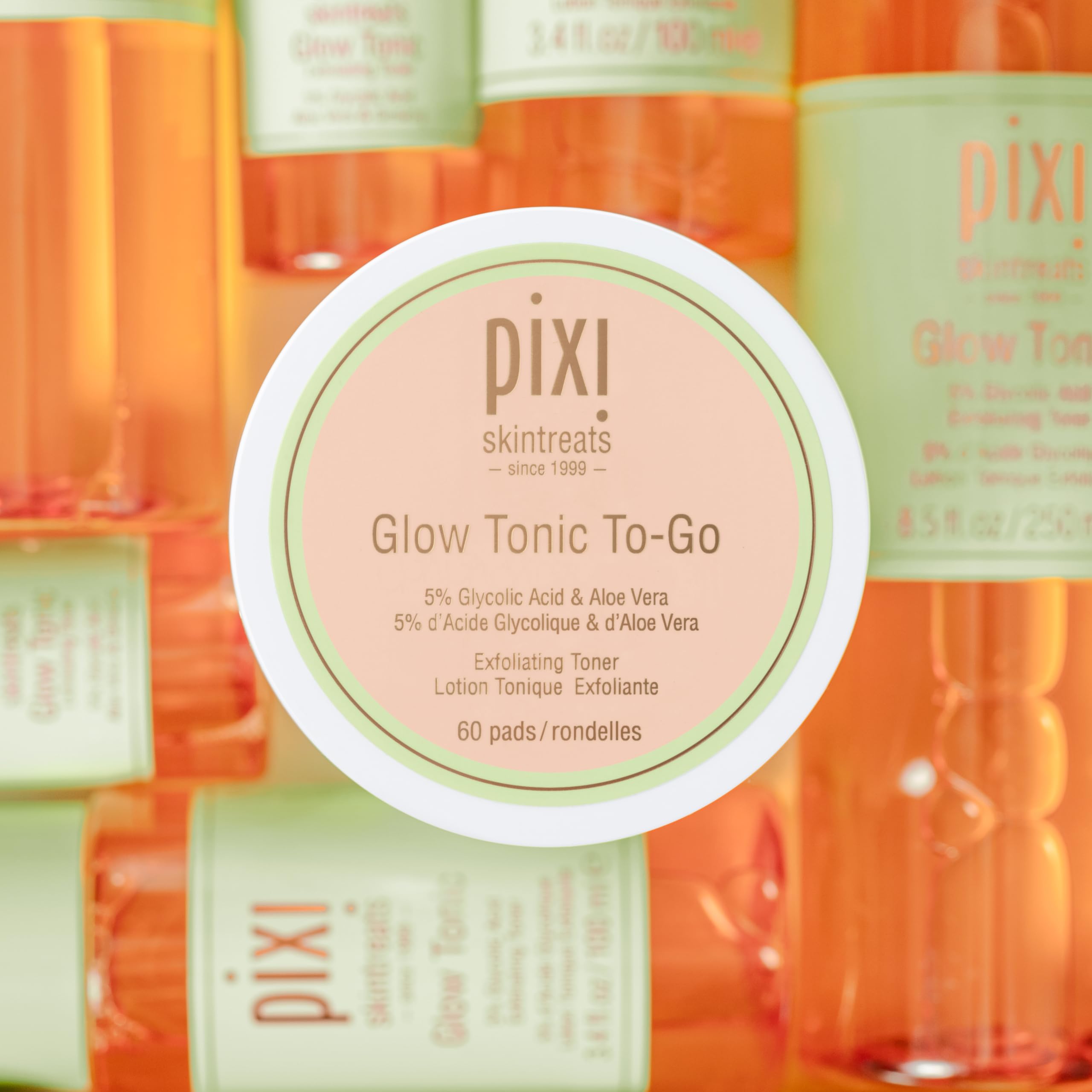 Pixi Glow Tonic to-Go — Gentle, Alcohol-Free Exfoliating Toner Pads for Daily Brightening (60 Pads)