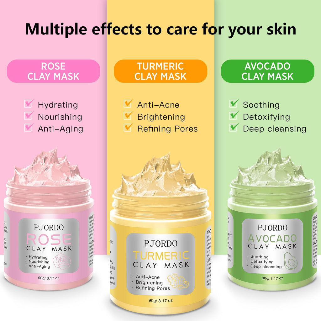 Pjordo 3 Pack Clay Masks – Turmeric Vitamin C, Avocado Green Tea & Rose Masks for Deep Cleaning