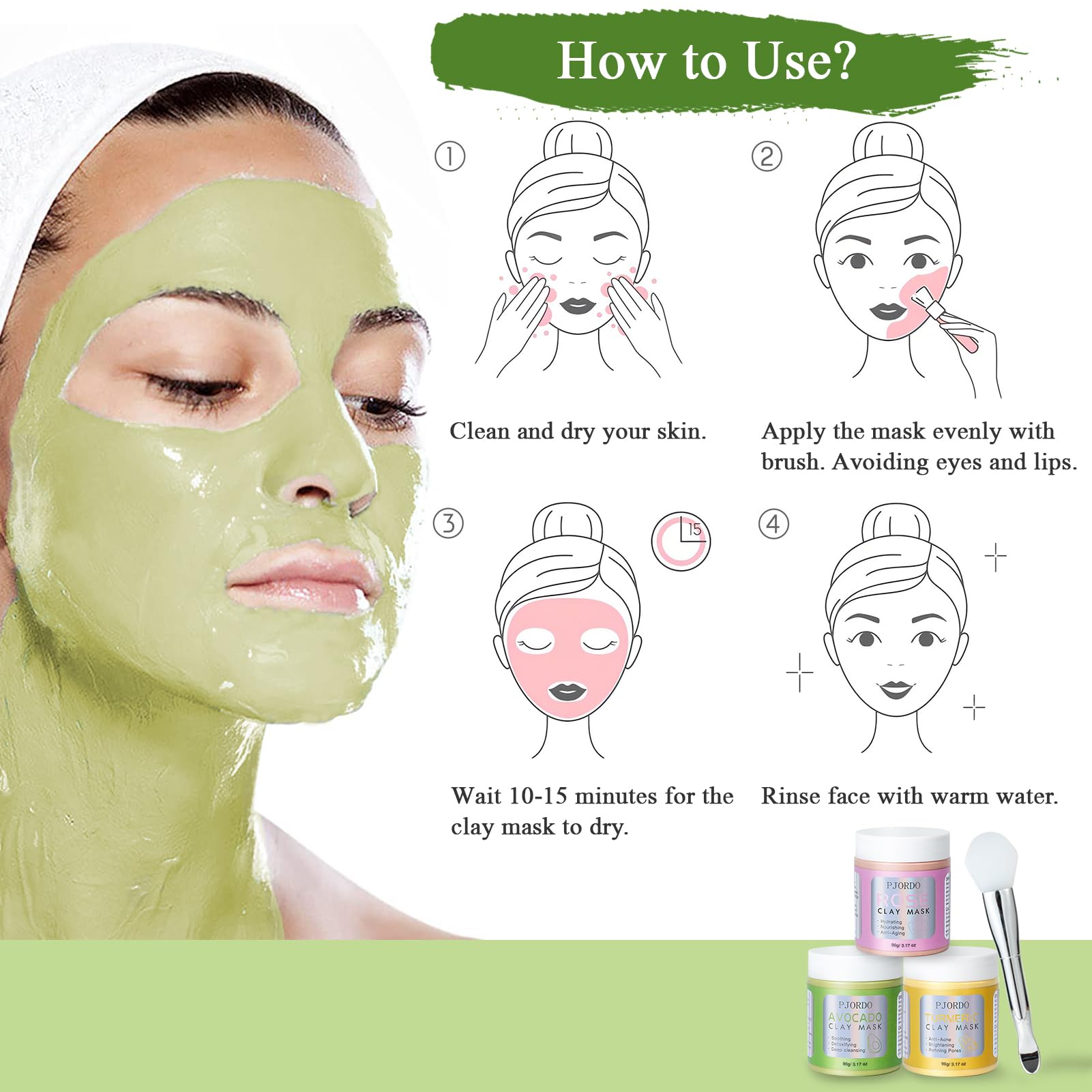 Pjordo 3 Pack Clay Masks – Turmeric Vitamin C, Avocado Green Tea & Rose Masks for Deep Cleaning