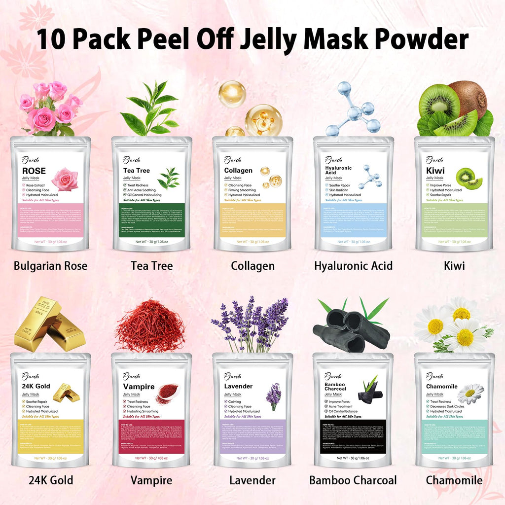 Pjordo Jelly Masks Set – 10-Flavor Powder Kit for At-Home Spa Facial