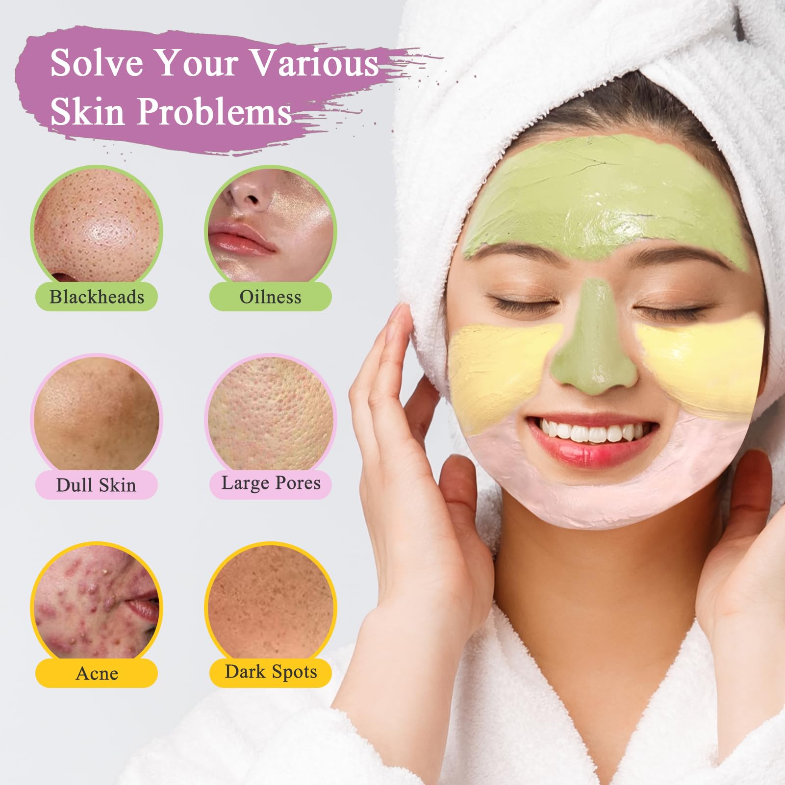 Pjordo 3 Pack Clay Masks – Turmeric Vitamin C, Avocado Green Tea & Rose Masks for Deep Cleaning