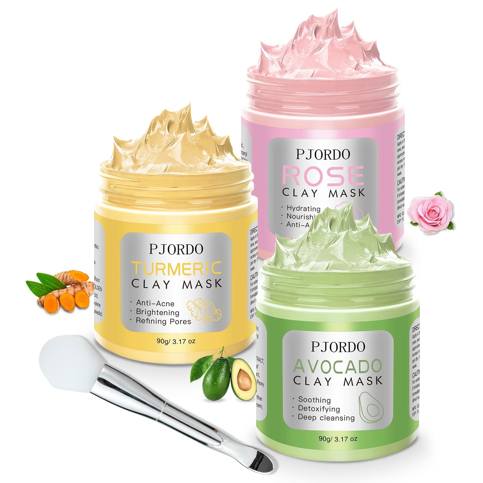 Pjordo 3 Pack Clay Masks – Turmeric Vitamin C, Avocado Green Tea & Rose Masks for Deep Cleaning