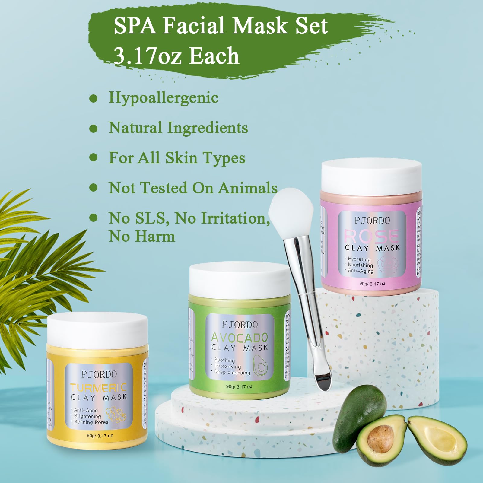 Pjordo 3 Pack Clay Masks – Turmeric Vitamin C, Avocado Green Tea & Rose Masks for Deep Cleaning