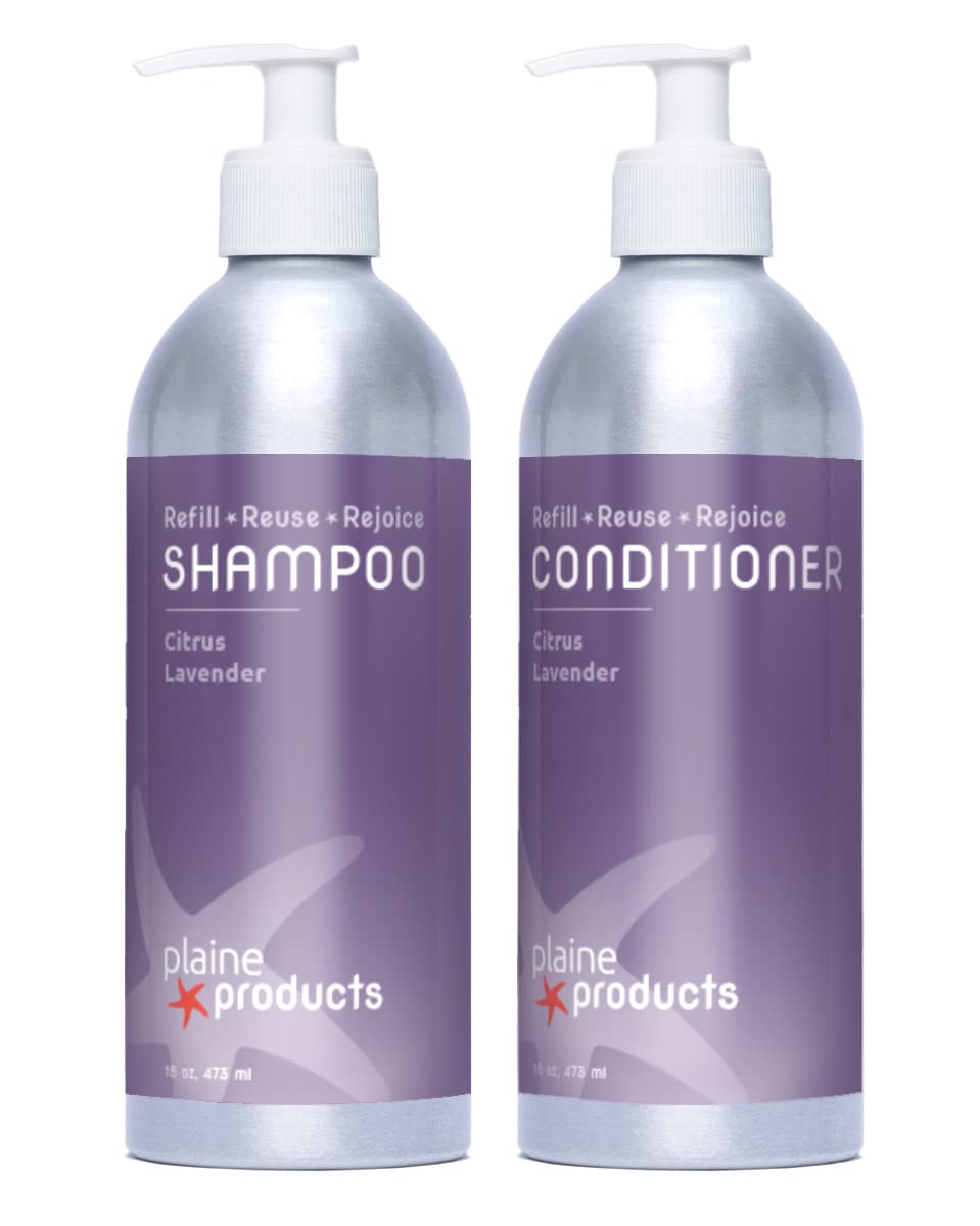 Plaine Products Citrus Lavender Shampoo & Conditioner — Refillable Aluminum Bottles, Vegan & Sulfate-Free
