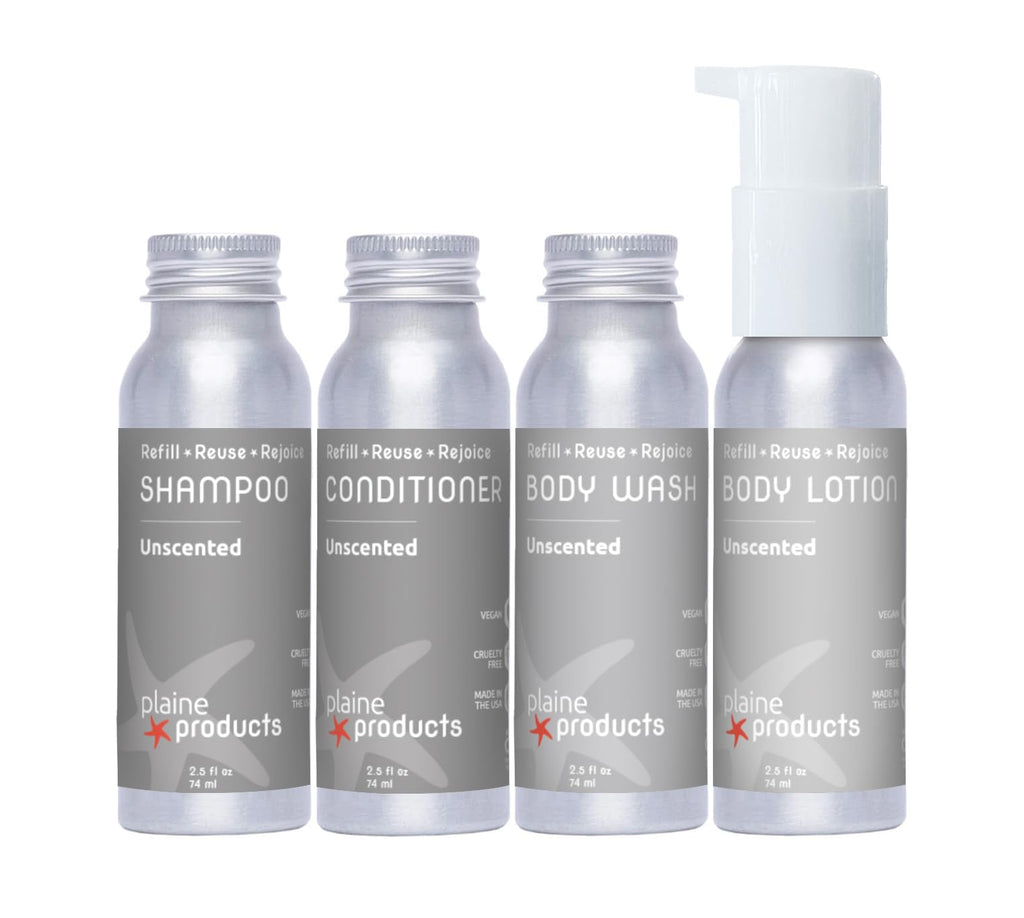 Plaine Products Travel Size Kit: Unscented Refillable Shampoo, Conditioner, Body Wash & Body Lotion (2.5 oz)