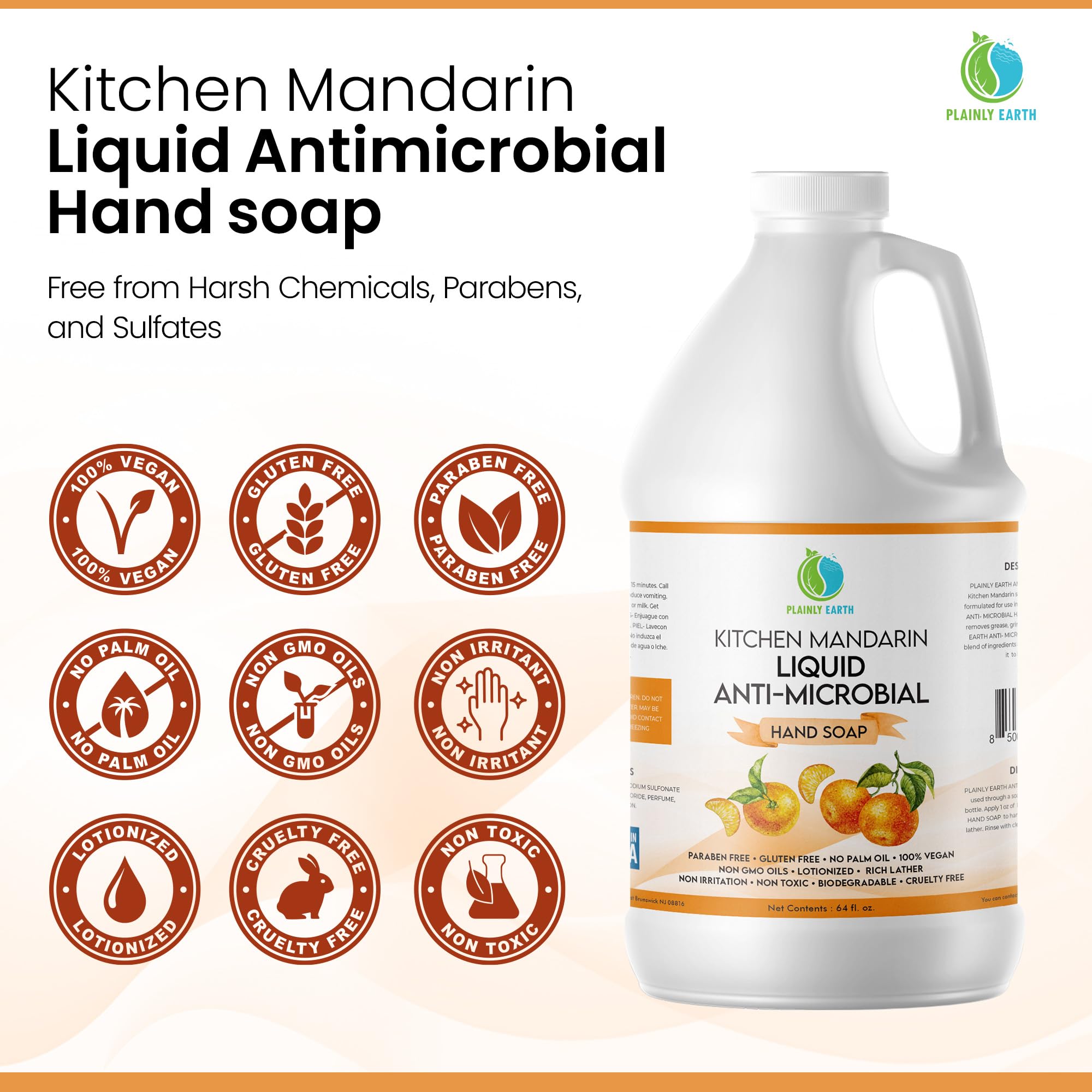 Plainly Earth Antimicrobial Hand Soap – 64 oz Bulk Refill, Gentle, Vegan & Cruelty-Free