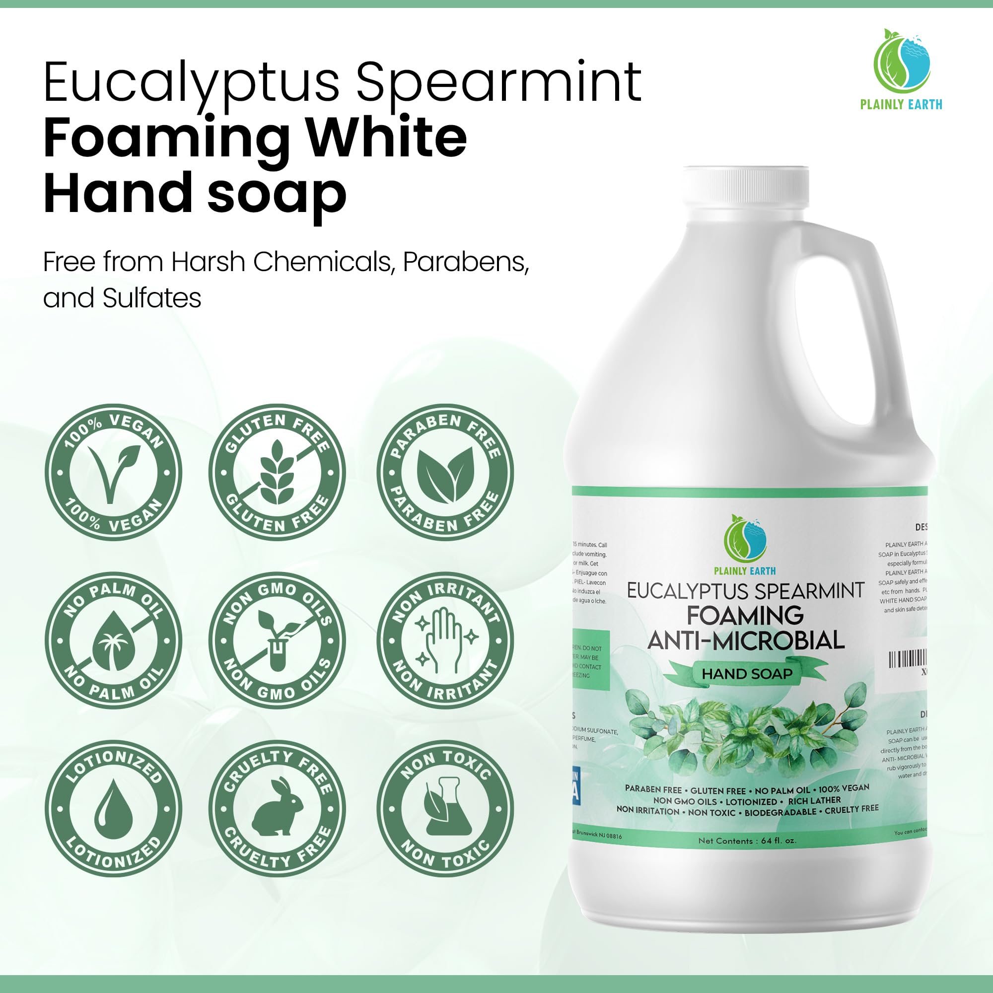 Plainly Earth Antimicrobial Hand Soap 64 oz Refill – Eucalyptus & Spearmint Foaming Liquid