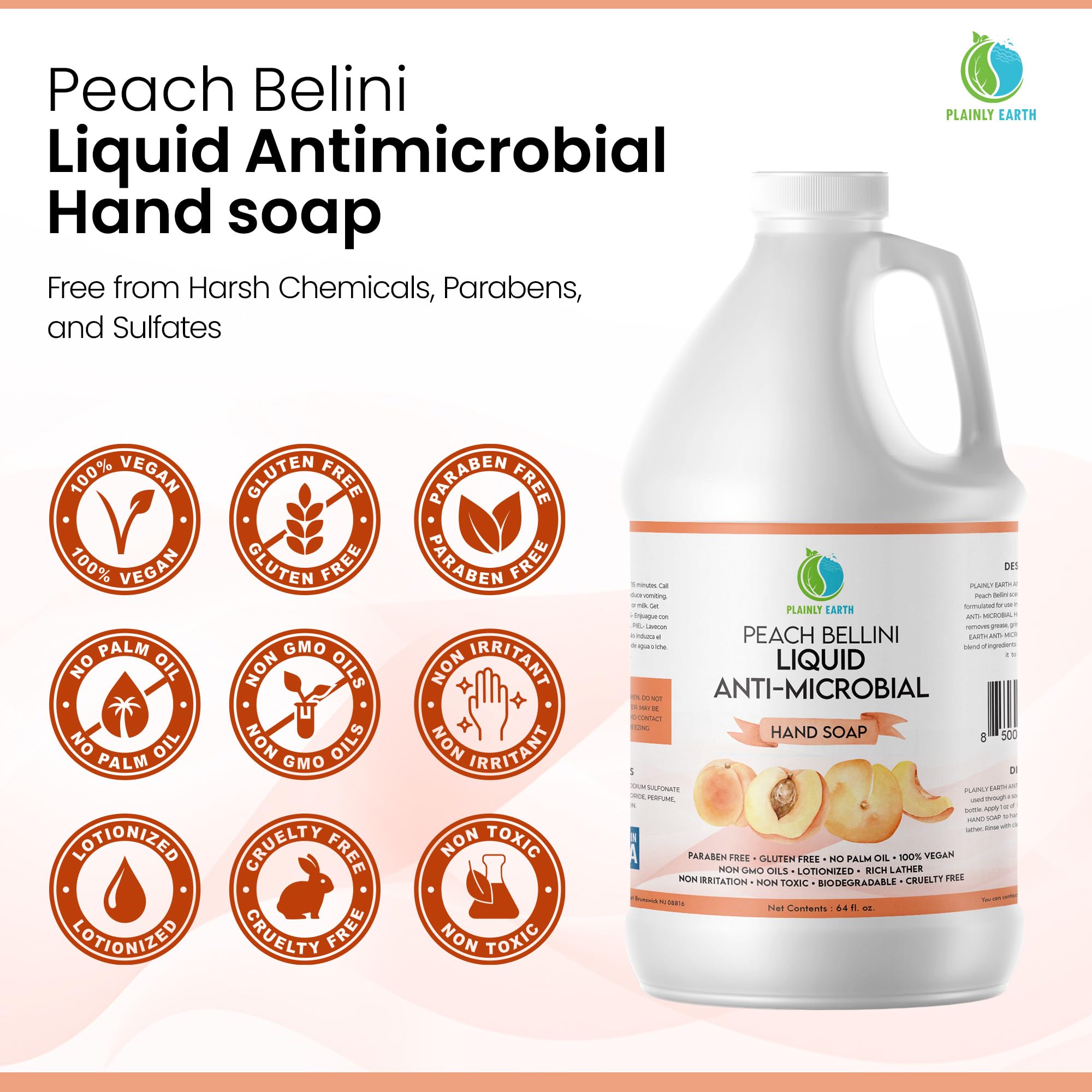 Plainly Earth Antimicrobial Hand Soap, 64oz Bulk Refill – Gentle, Vegan, Cruelty-Free, pH-Balanced