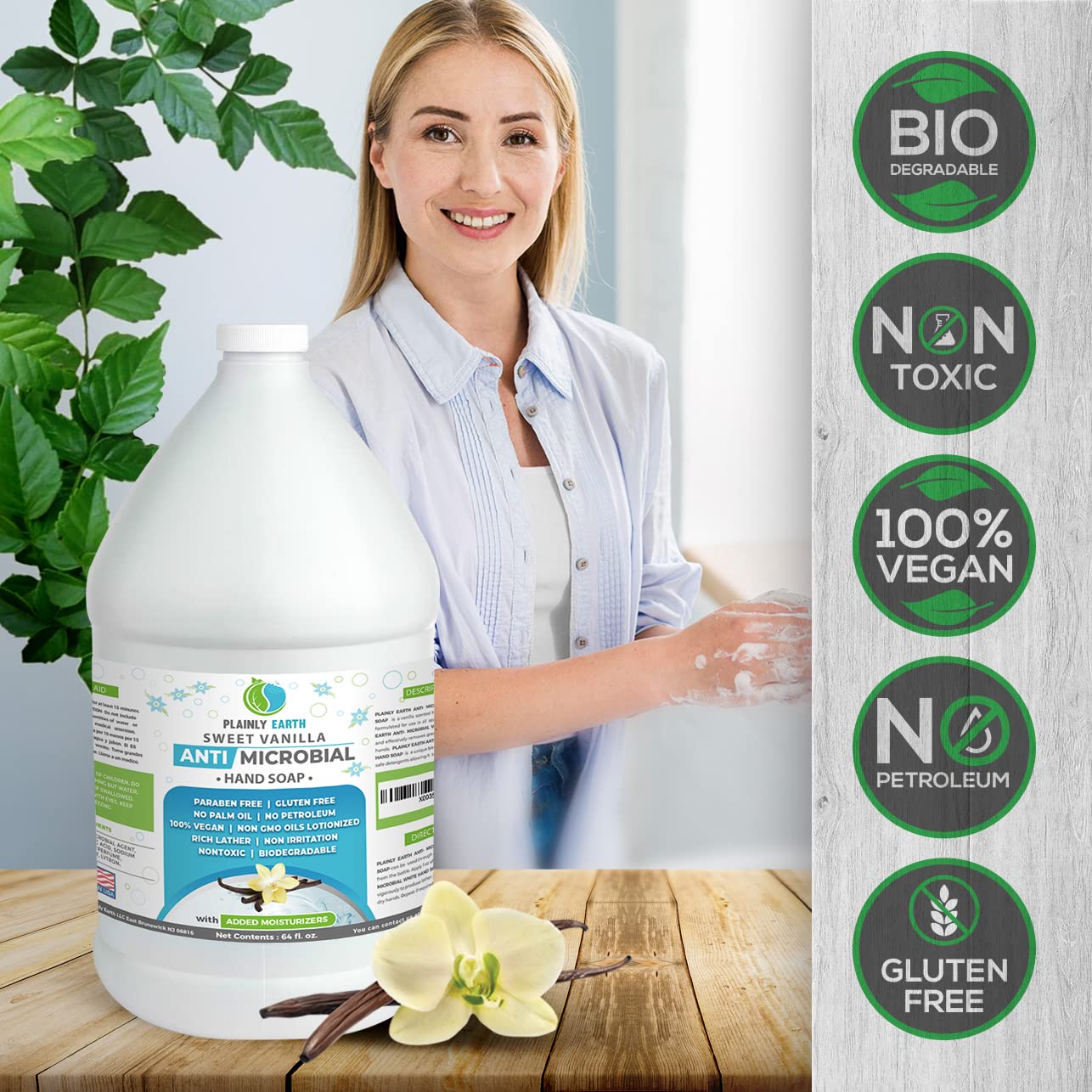 Plainly Earth Antimicrobial Liquid Hand Soap (64 Oz) – Refill Bottle, Cruelty Free, Sweet Vanilla