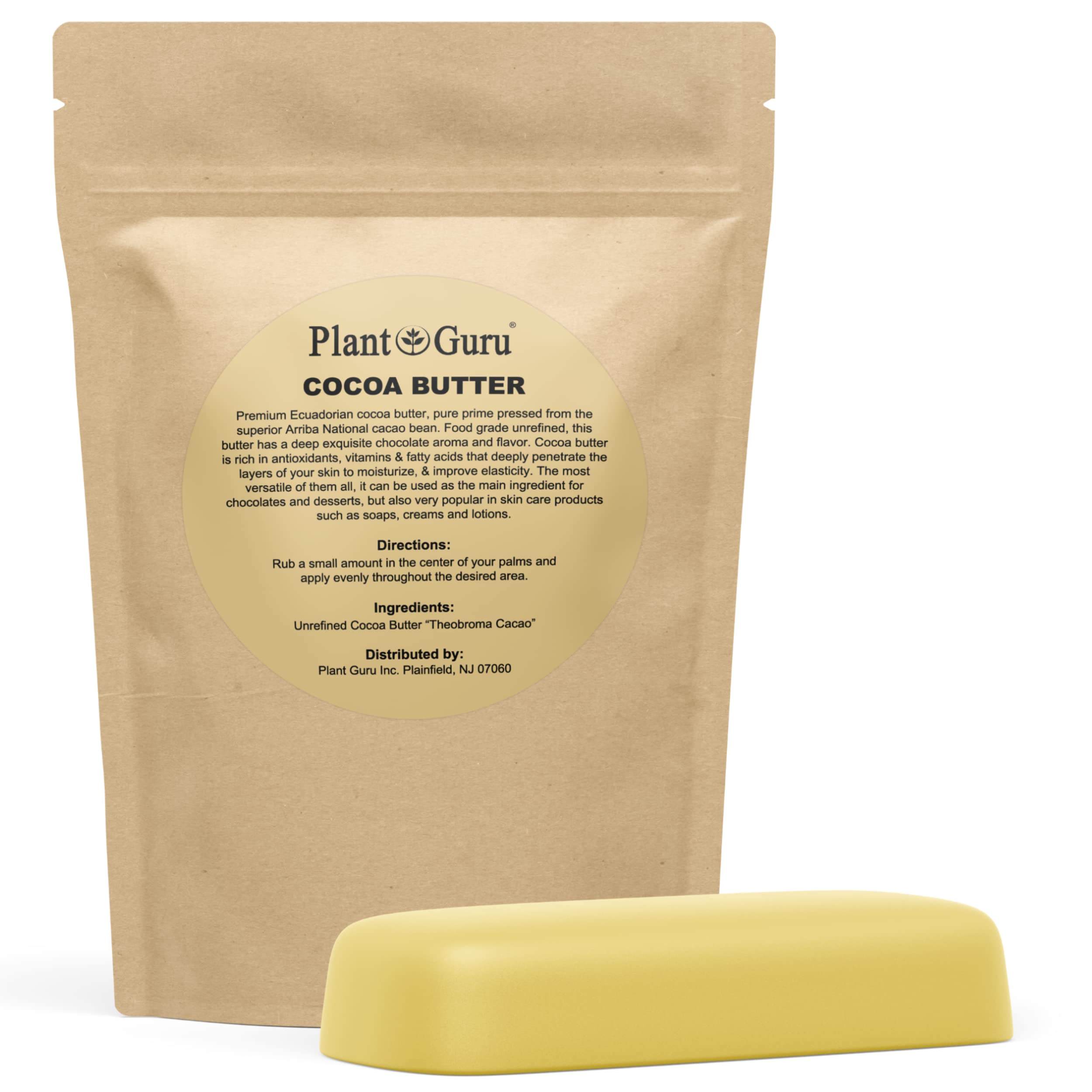 Plant Guru Raw Cocoa Butter 8 oz Bar – 100% Pure Arriba Nacional Ecuador Cocoa for Lip Balms, Body Butters & Soap Making
