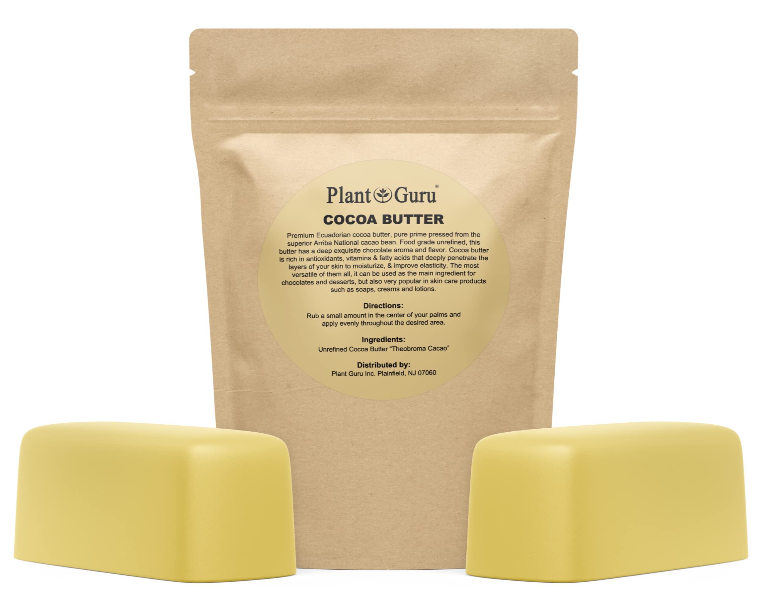 Plant Guru Raw Cocoa Butter 2 Lbs Bar — 100% Pure Arriba Nacional Cacao Bean, Food Grade
