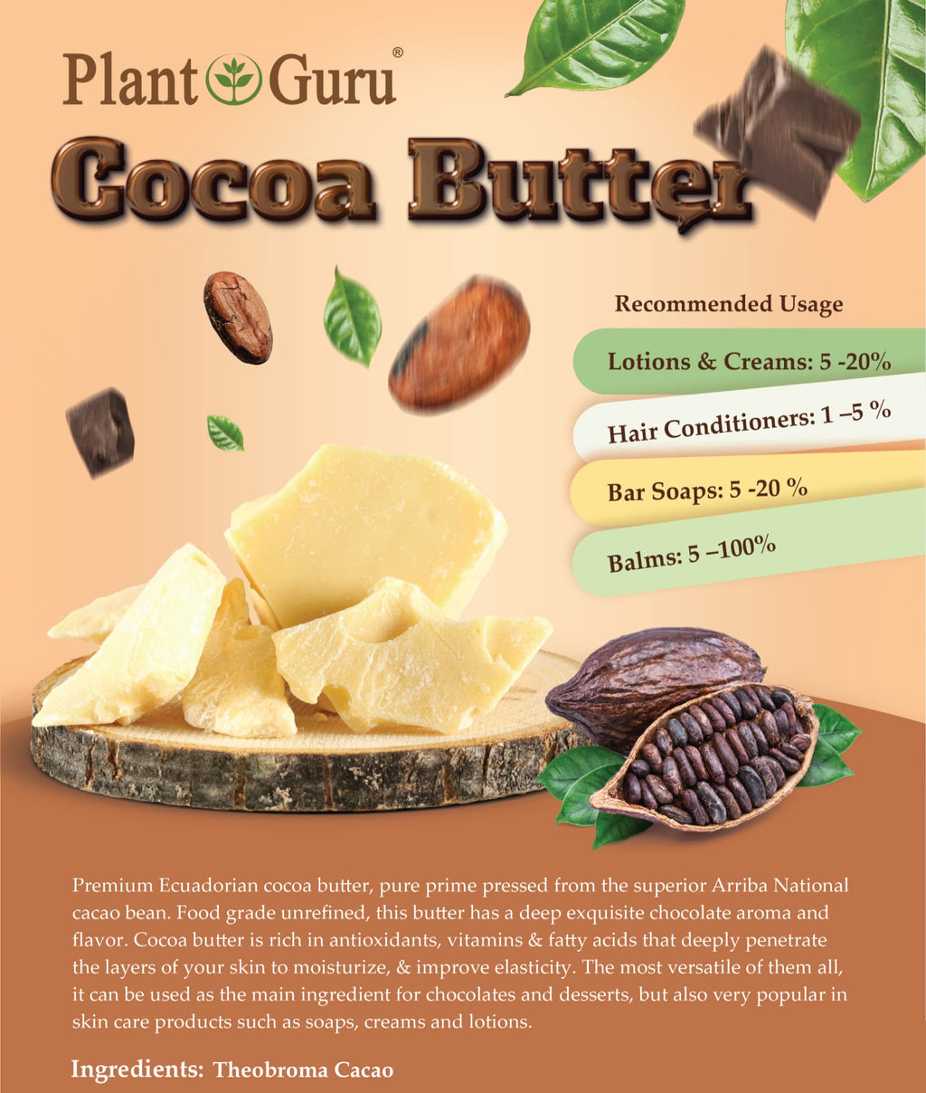 Plant Guru Raw Cocoa Butter 1 lb Bar – 100% Pure Unrefined Food-Grade Arriba Nacional Cocoa